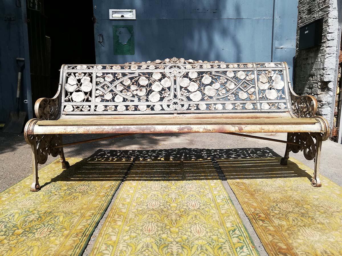 Coalbrookdale. A cast Iron garden bench. Nasturtium design.
With 'C.B. Dale & Co.' stamp to the back and a registration diamond mark for 1866.
An exceptional original example silver painted a very long time ago with a wonderful build up of natural