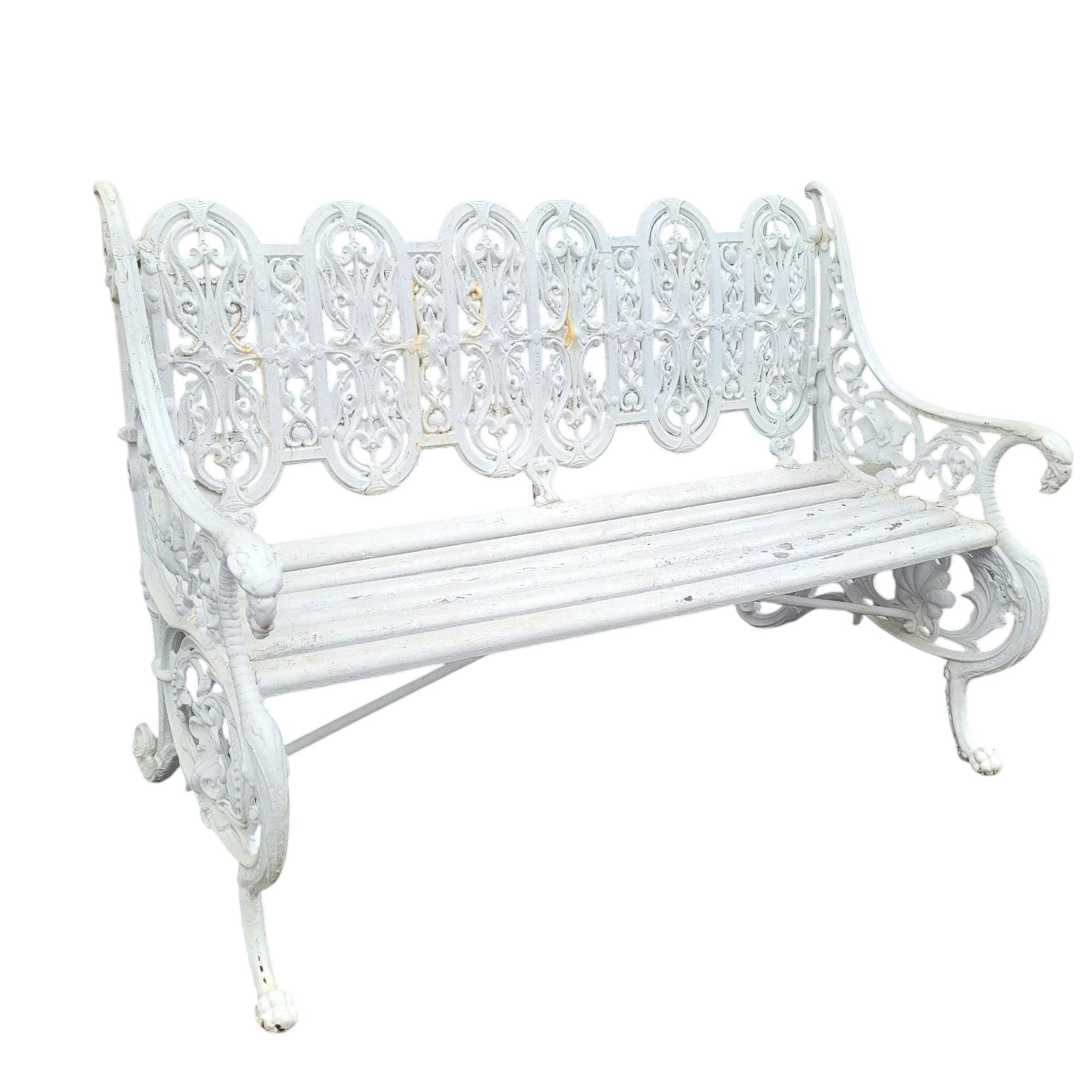 Cast iron bench with rich decoration of chimeras and flowers, white lacquered, with 1 seat in wooden slats

This bench bears the mark of the English foundry Coalbrookdale and is numbered.

The English foundry Coalbrookdale has been renowned since