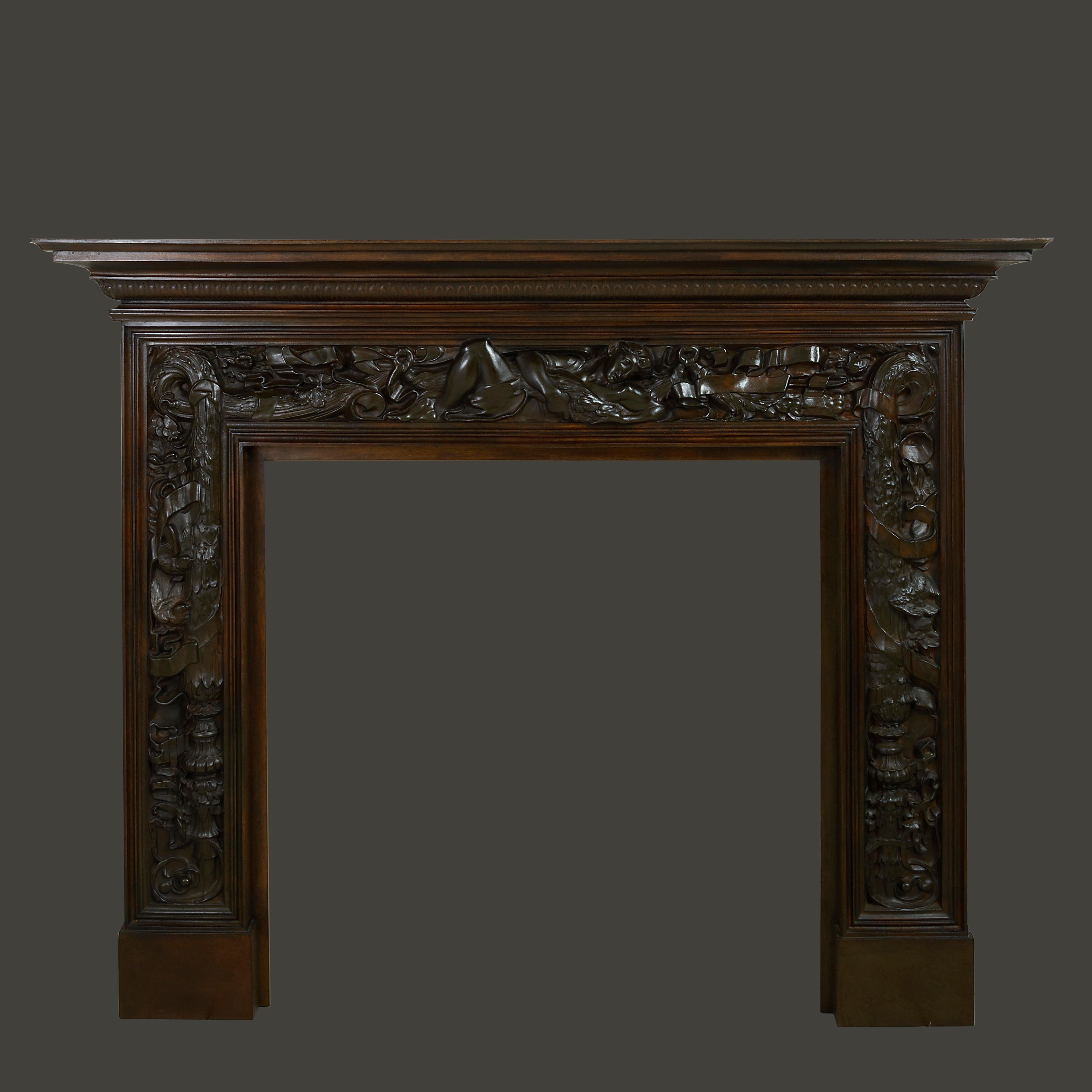 A fine Coalbrookdale cast-iron chimneypiece with bronzed finish, designed by Alfred Stevens, circa 1860.

Impressed COALBROOKDALE NO. 28.