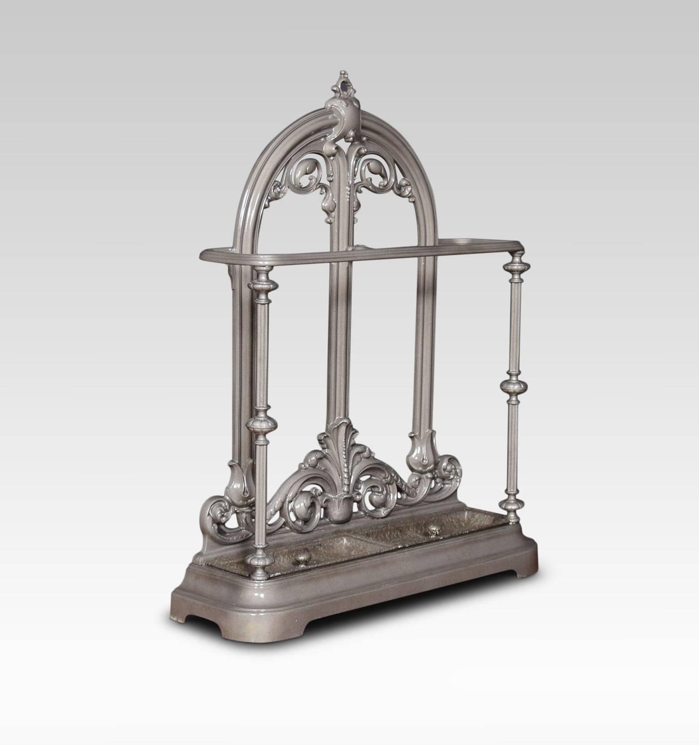 Victorian cast Iron stick stand, the shaped top with foliating motif above shaped bar to receive sticks and umbrellas, the base with original drip trays and raised on shaped platform.
Dimensions
Height 38 inches
Width 30.5 inches
Depth 9 inches.