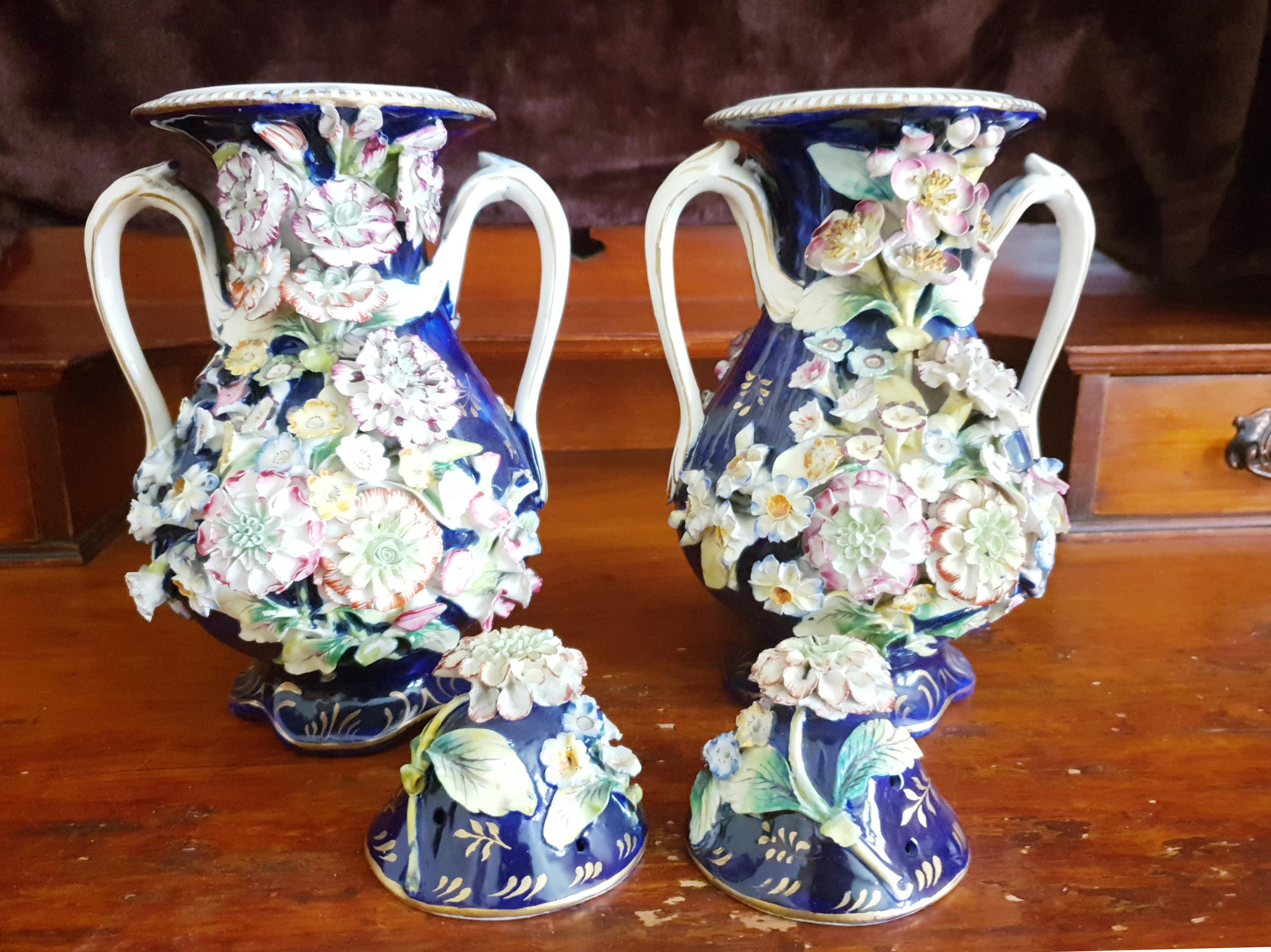 Coalport 19th Century Encrusted Coalbrookdale Blue Vases For Sale 5