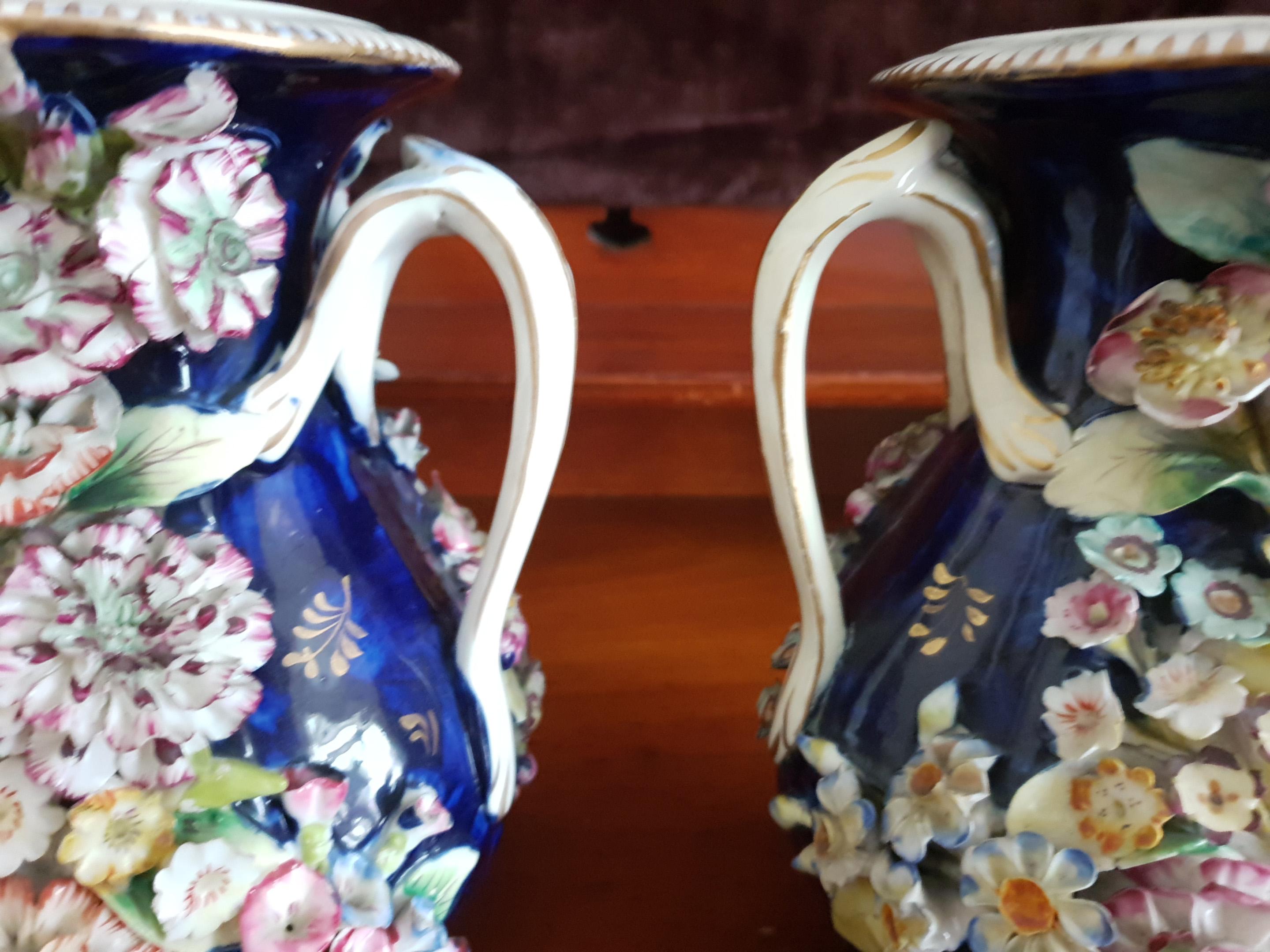 Coalport 19th Century Encrusted Coalbrookdale Blue Vases For Sale 7