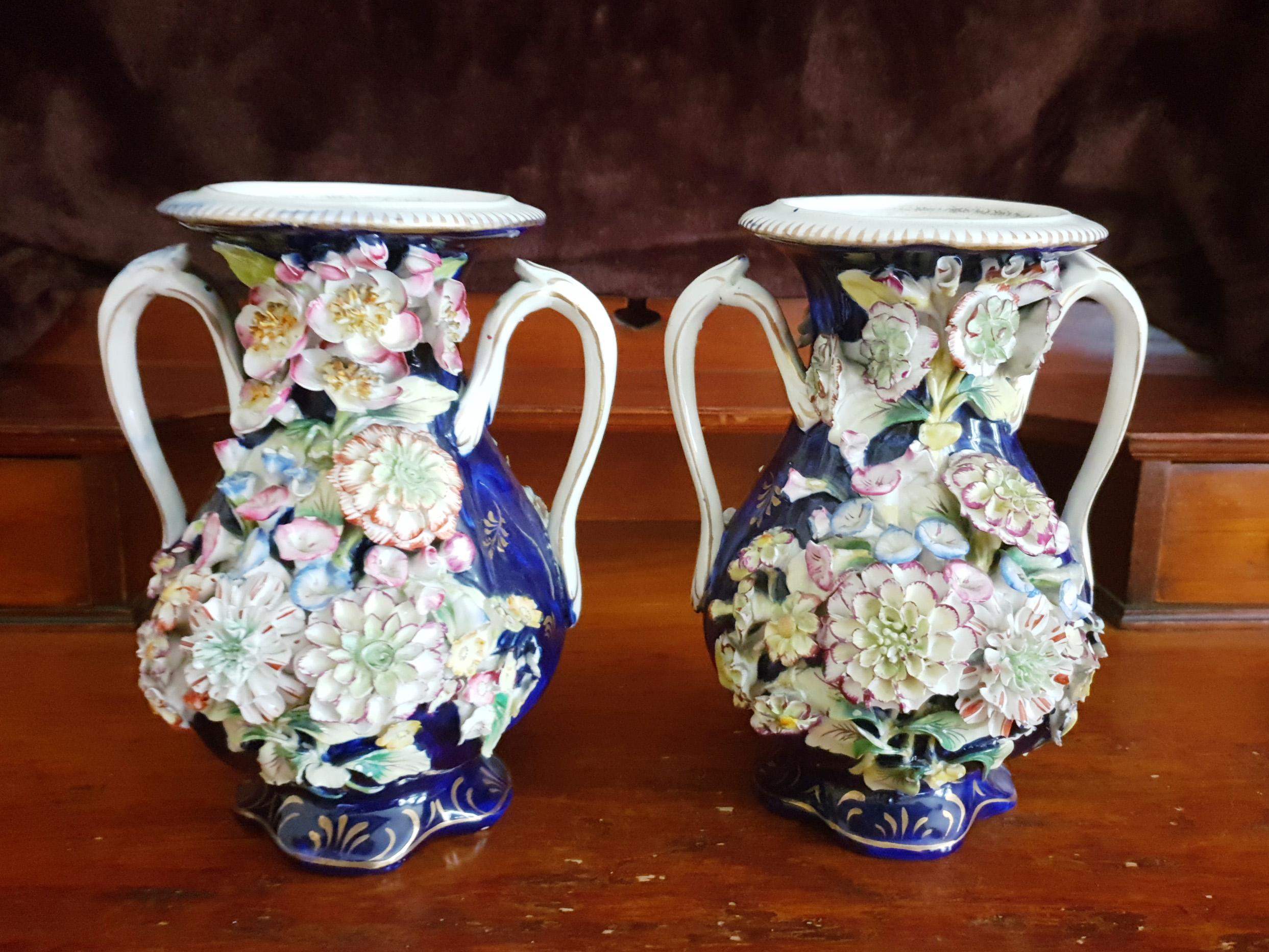 Coalport 19th Century Encrusted Coalbrookdale Blue Vases For Sale 10