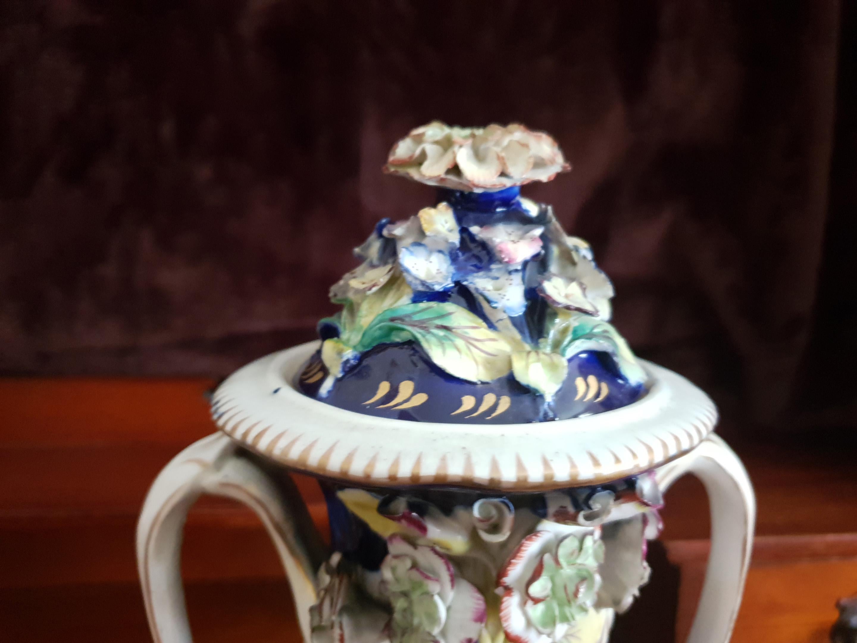 English Coalport 19th Century Encrusted Coalbrookdale Blue Vases For Sale