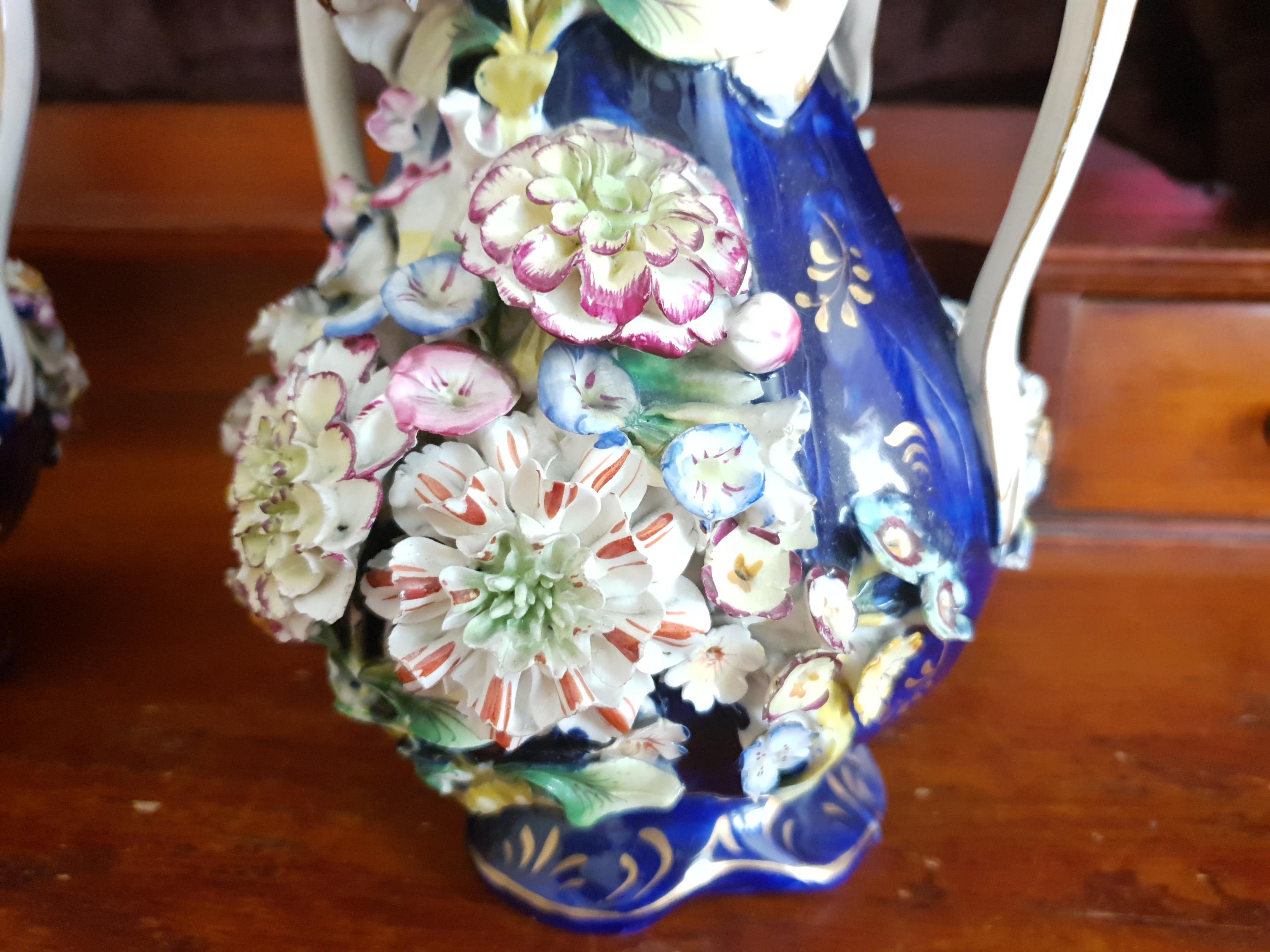 Porcelain Coalport 19th Century Encrusted Coalbrookdale Blue Vases For Sale