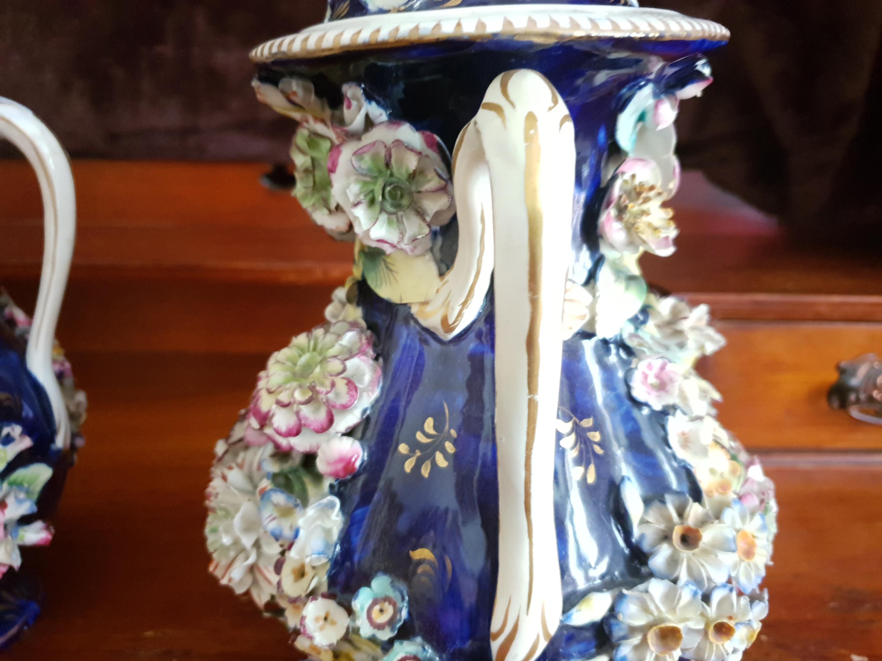 Coalport 19th Century Encrusted Coalbrookdale Blue Vases For Sale 3