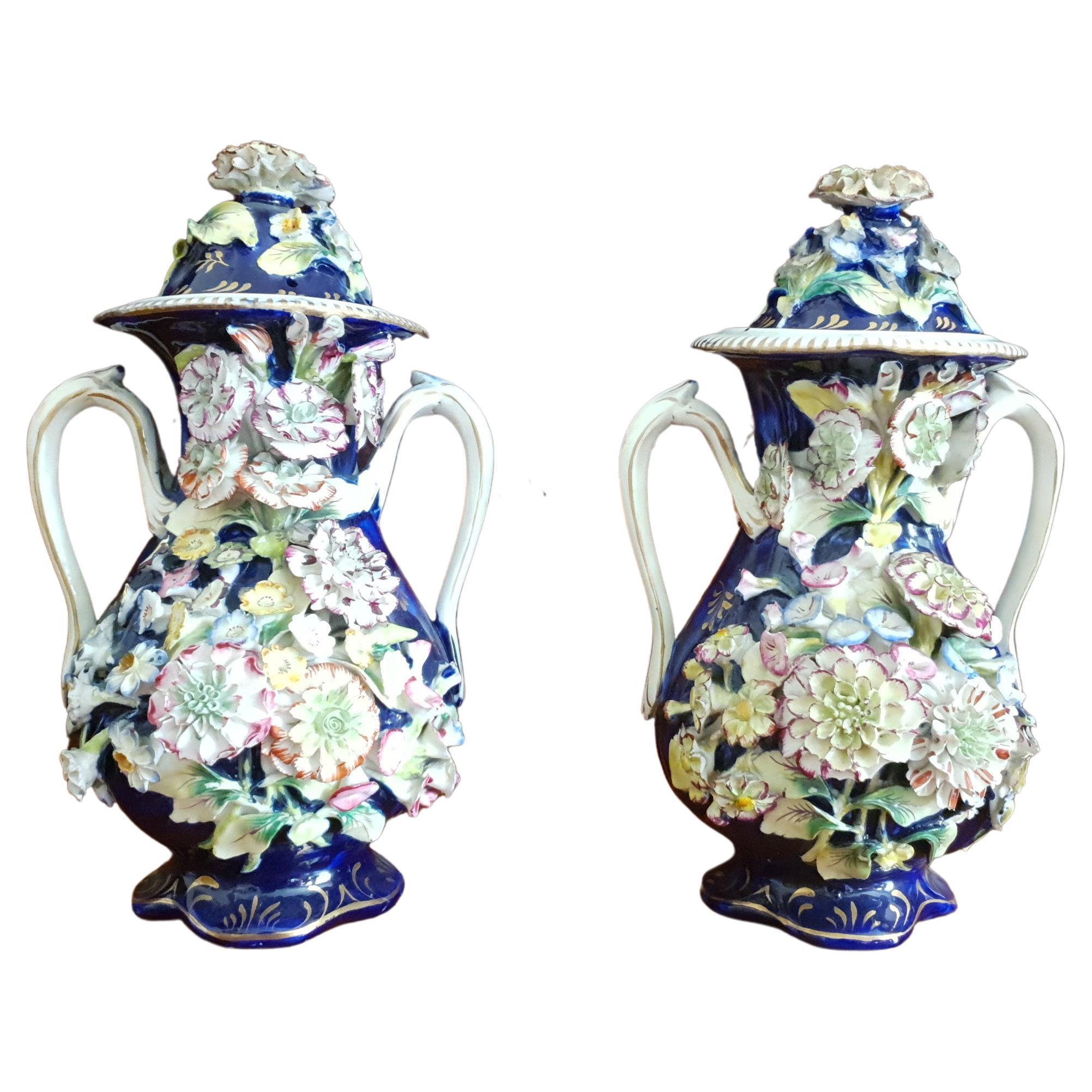 Coalport 19th Century Encrusted Coalbrookdale Blue Vases For Sale