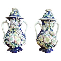 Coalport 19th Century Encrusted Coalbrookdale Blue Vases