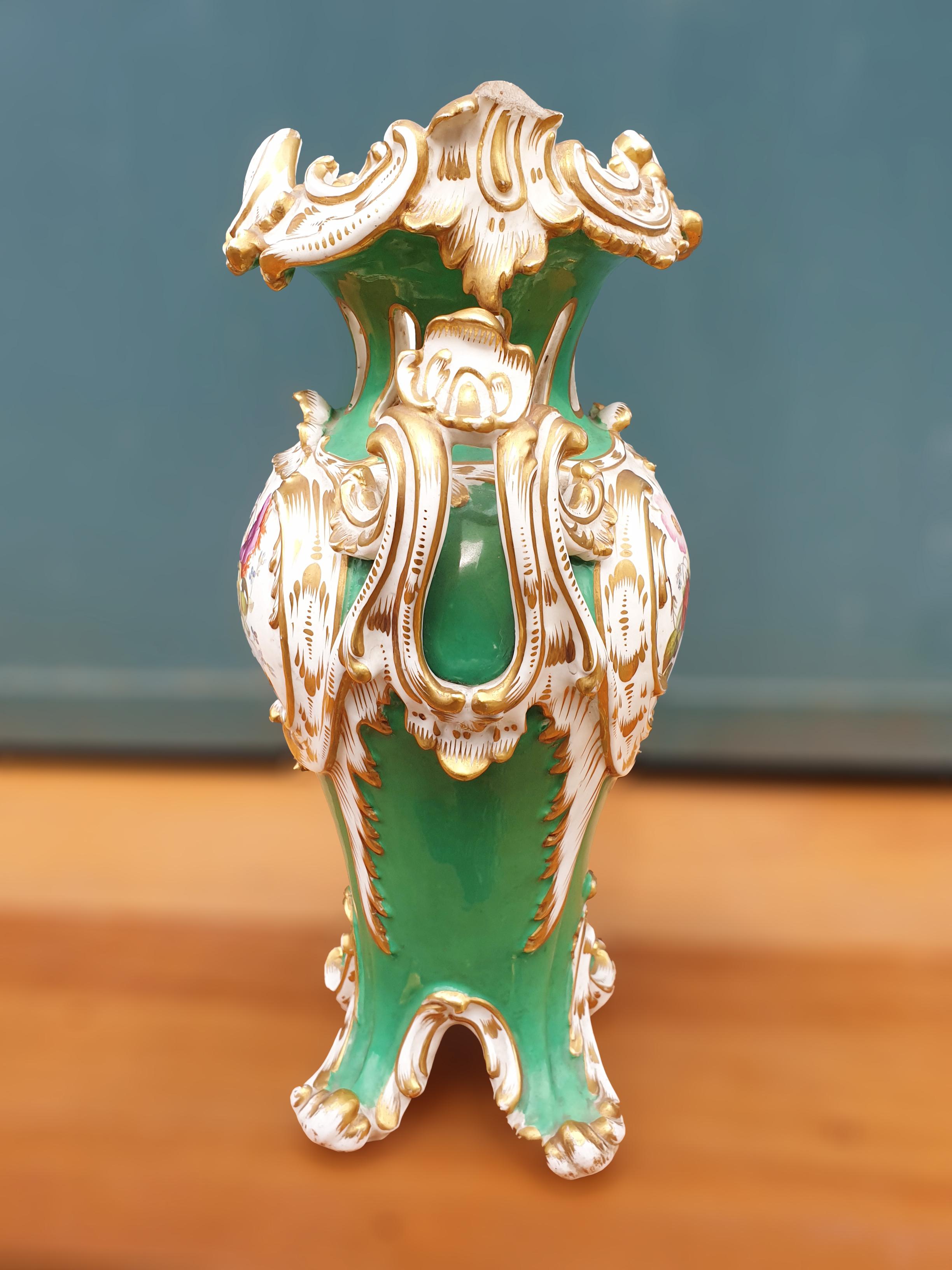 Porcelain Coalport 19th Century Hand Painted Green Rococo Style Vase For Sale