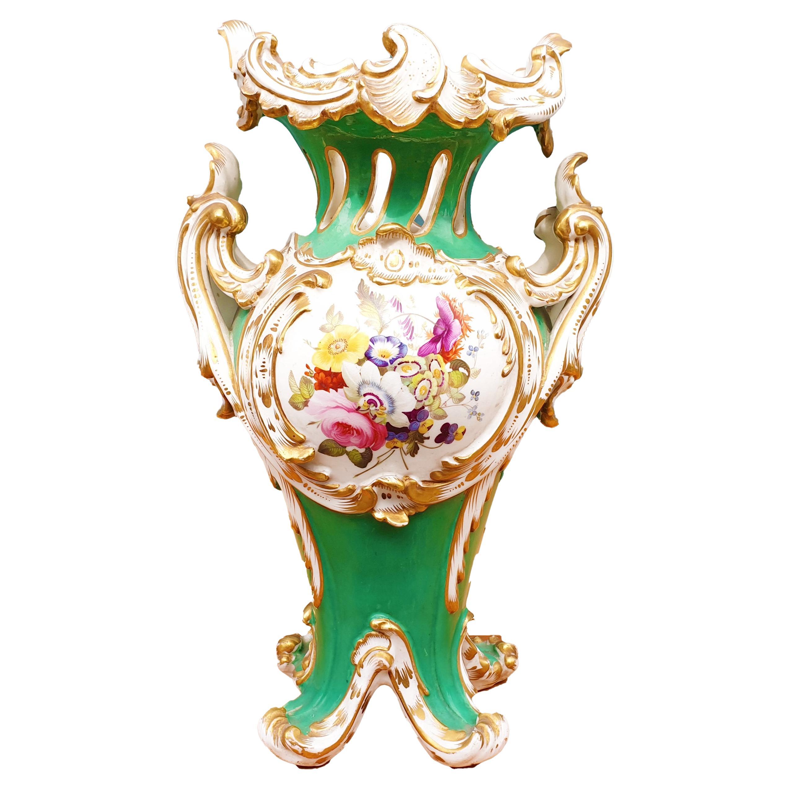 Coalport 19th Century Hand Painted Green Rococo Style Vase For Sale