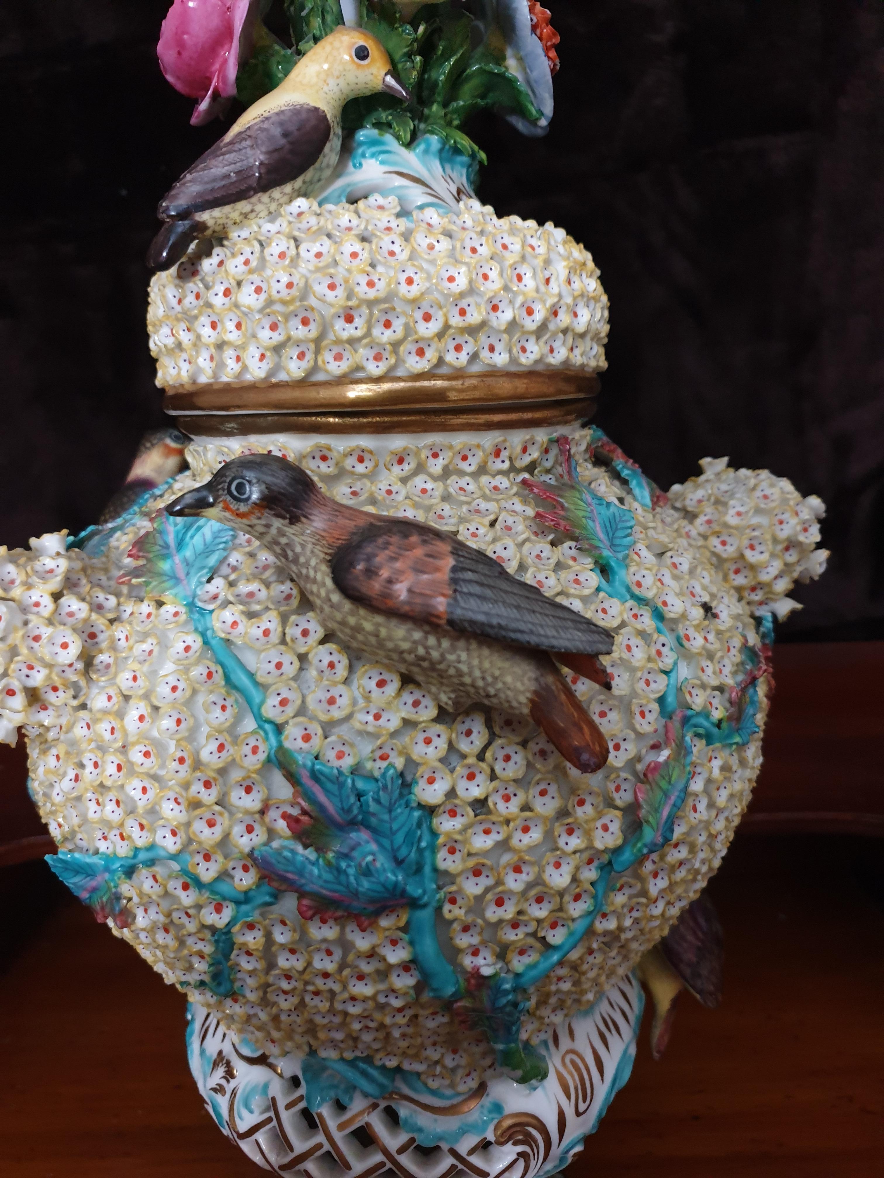 British Coalport Turquoise Schneeballen Reticulated Encrusted Bird Exhibition Vase  For Sale