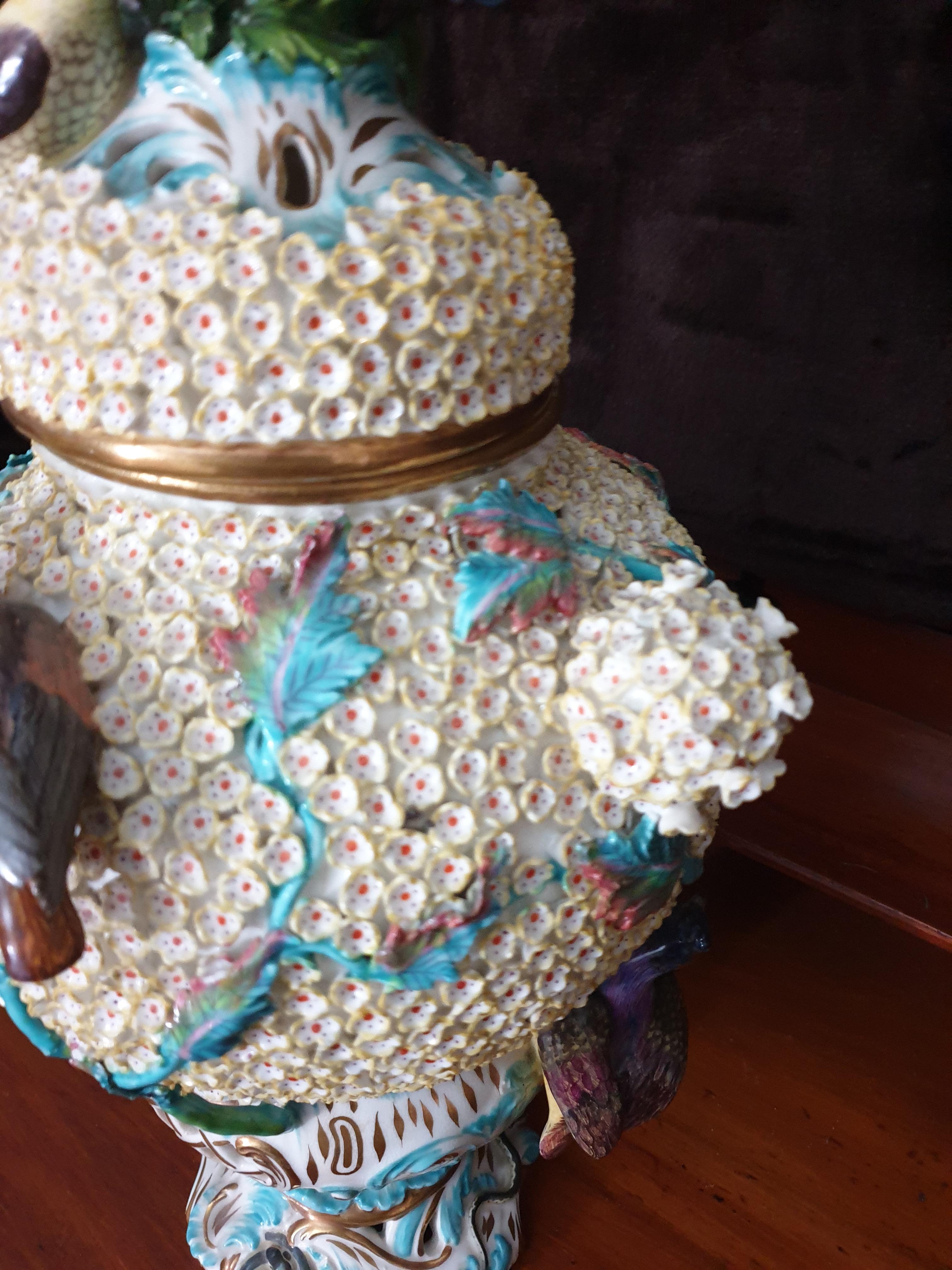 Hand-Crafted Coalport Turquoise Schneeballen Reticulated Encrusted Bird Exhibition Vase  For Sale