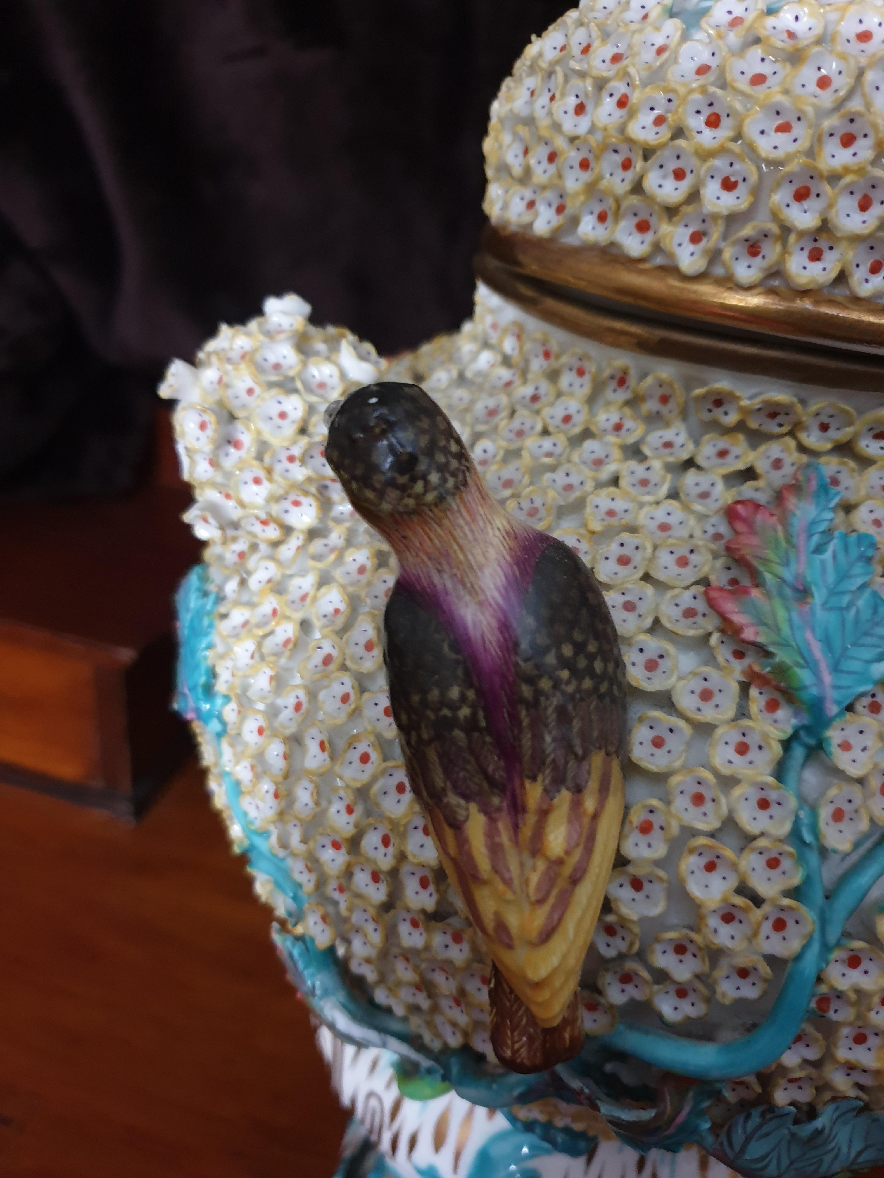 19th Century Coalport Turquoise Schneeballen Reticulated Encrusted Bird Exhibition Vase  For Sale