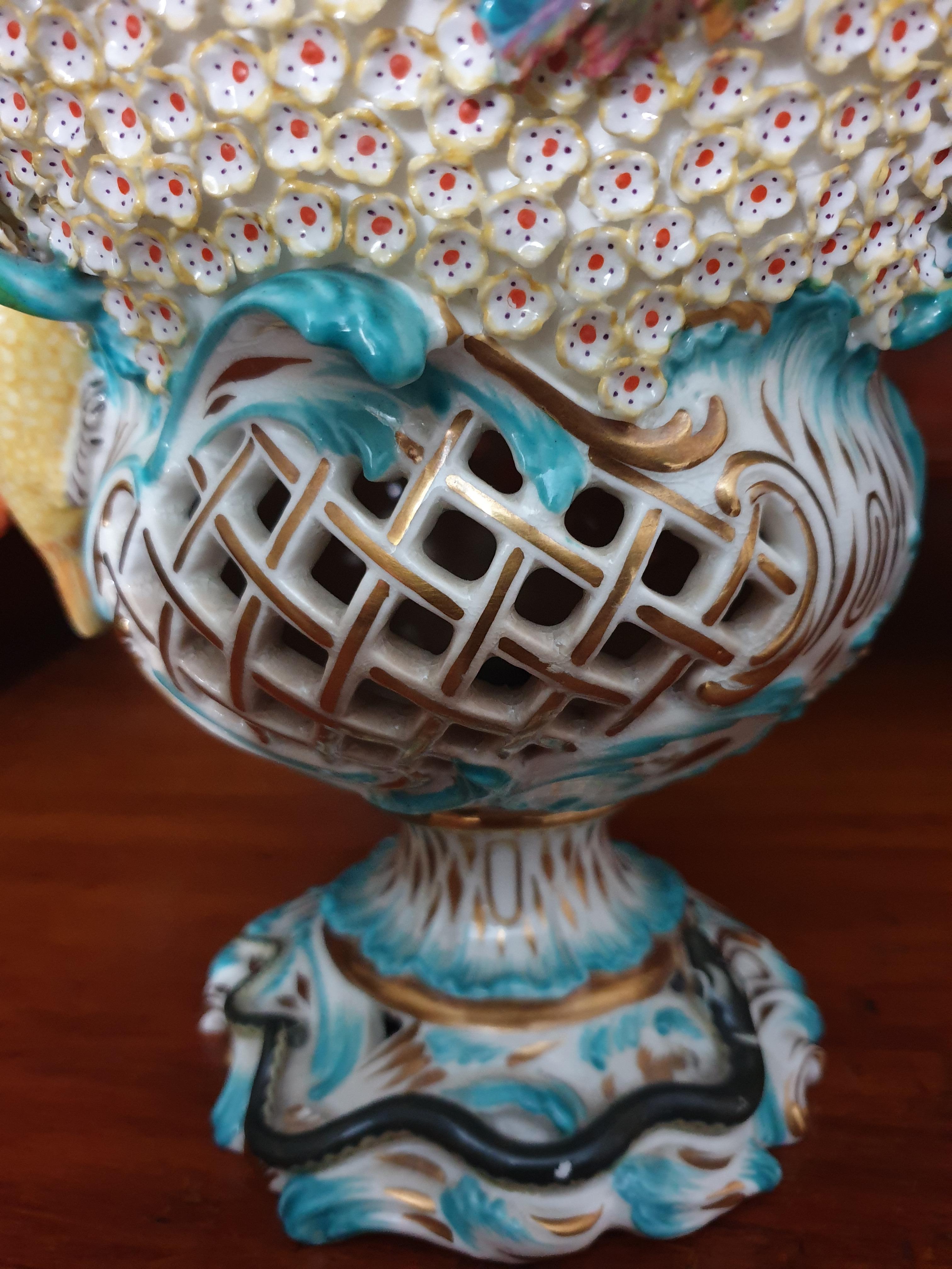 Porcelain Coalport Turquoise Schneeballen Reticulated Encrusted Bird Exhibition Vase  For Sale