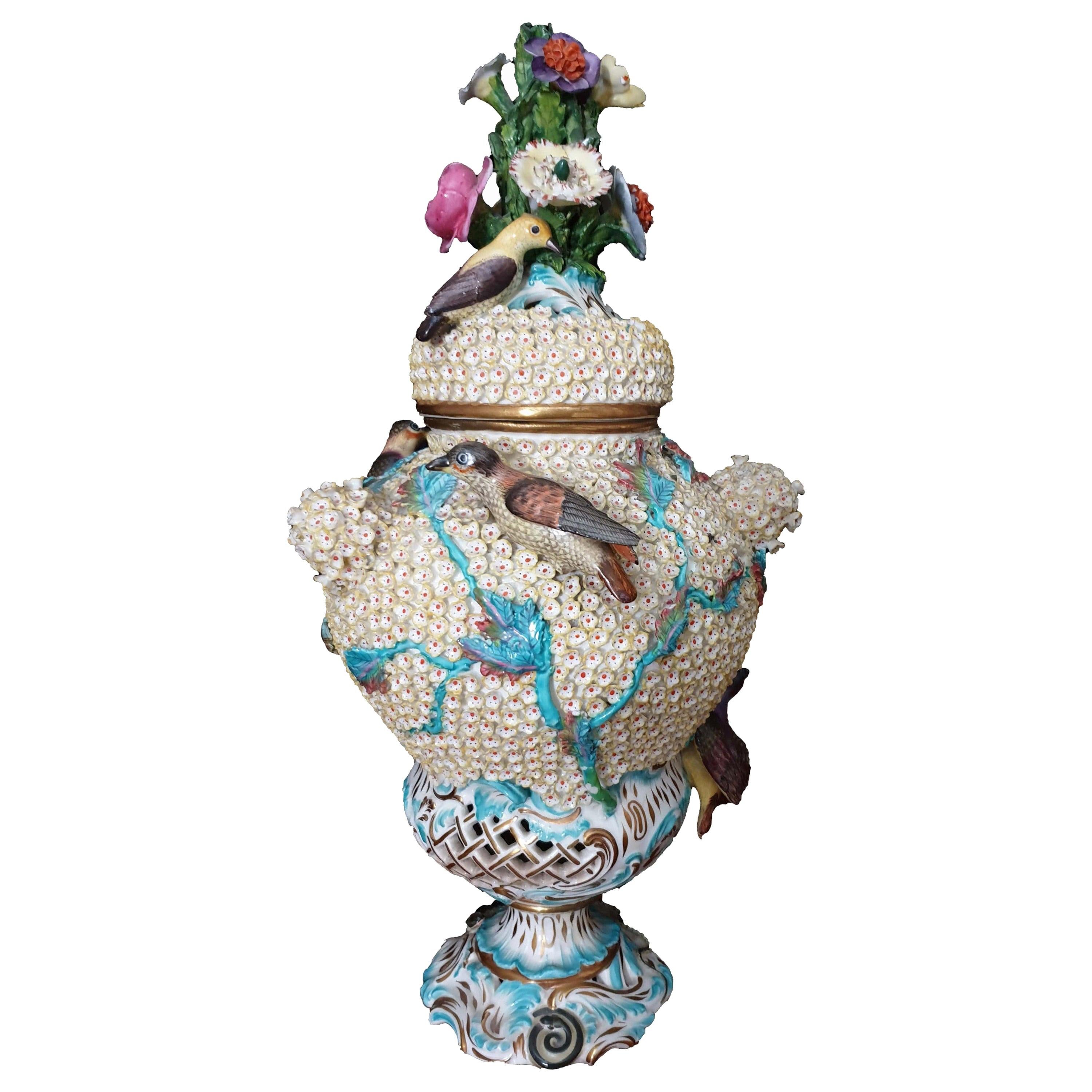 Coalport Turquoise Schneeballen Reticulated Encrusted Bird Exhibition Vase  For Sale