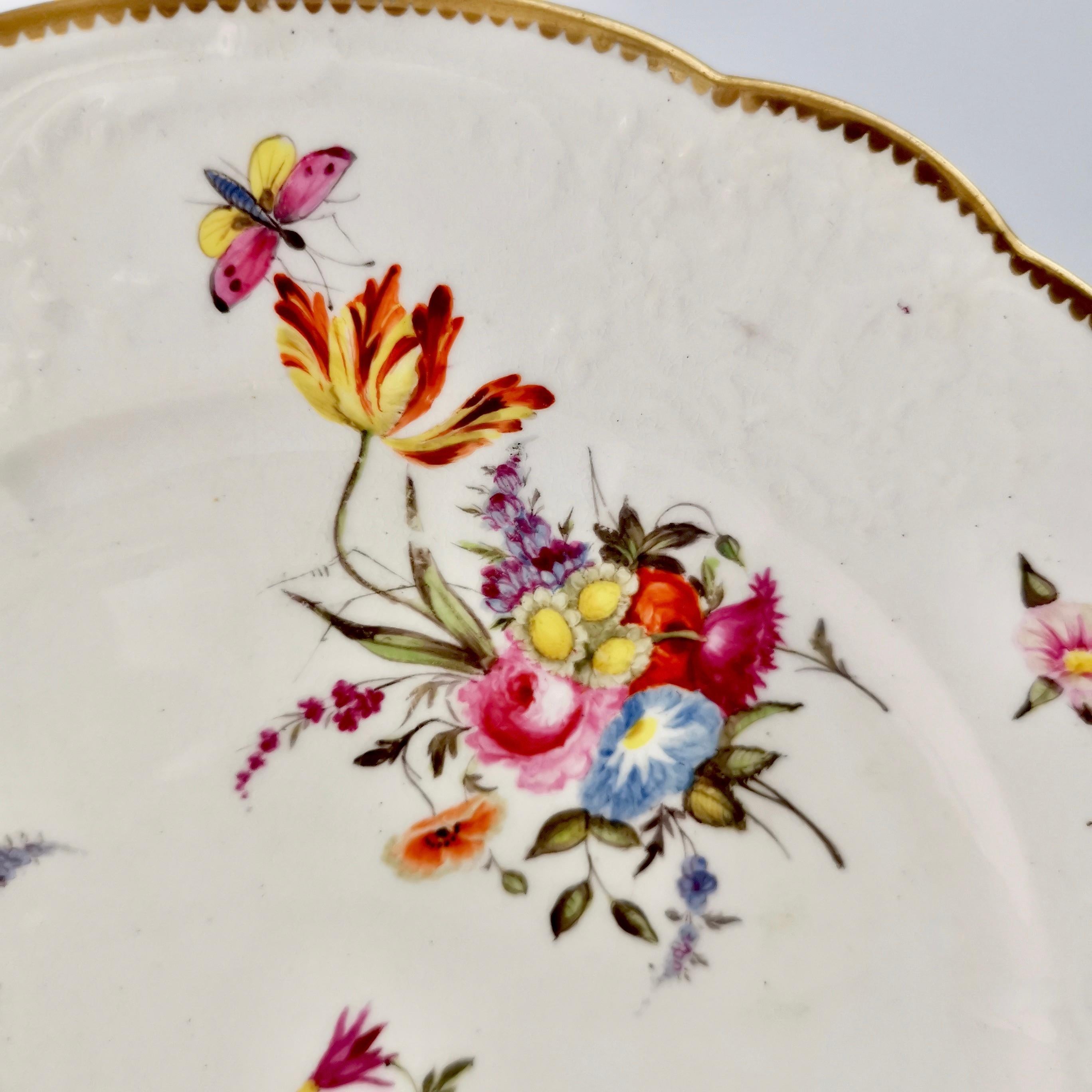 Regency Coalport Blind Moulded Porcelain Plate, White, Flowers and Butterflies, ca 1815