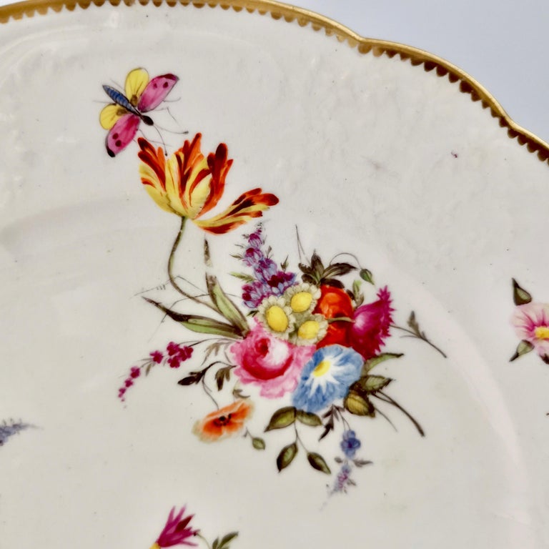 Regency Coalport Blind Moulded Porcelain Plate, White, Flowers and Butterflies, ca 1815 For Sale