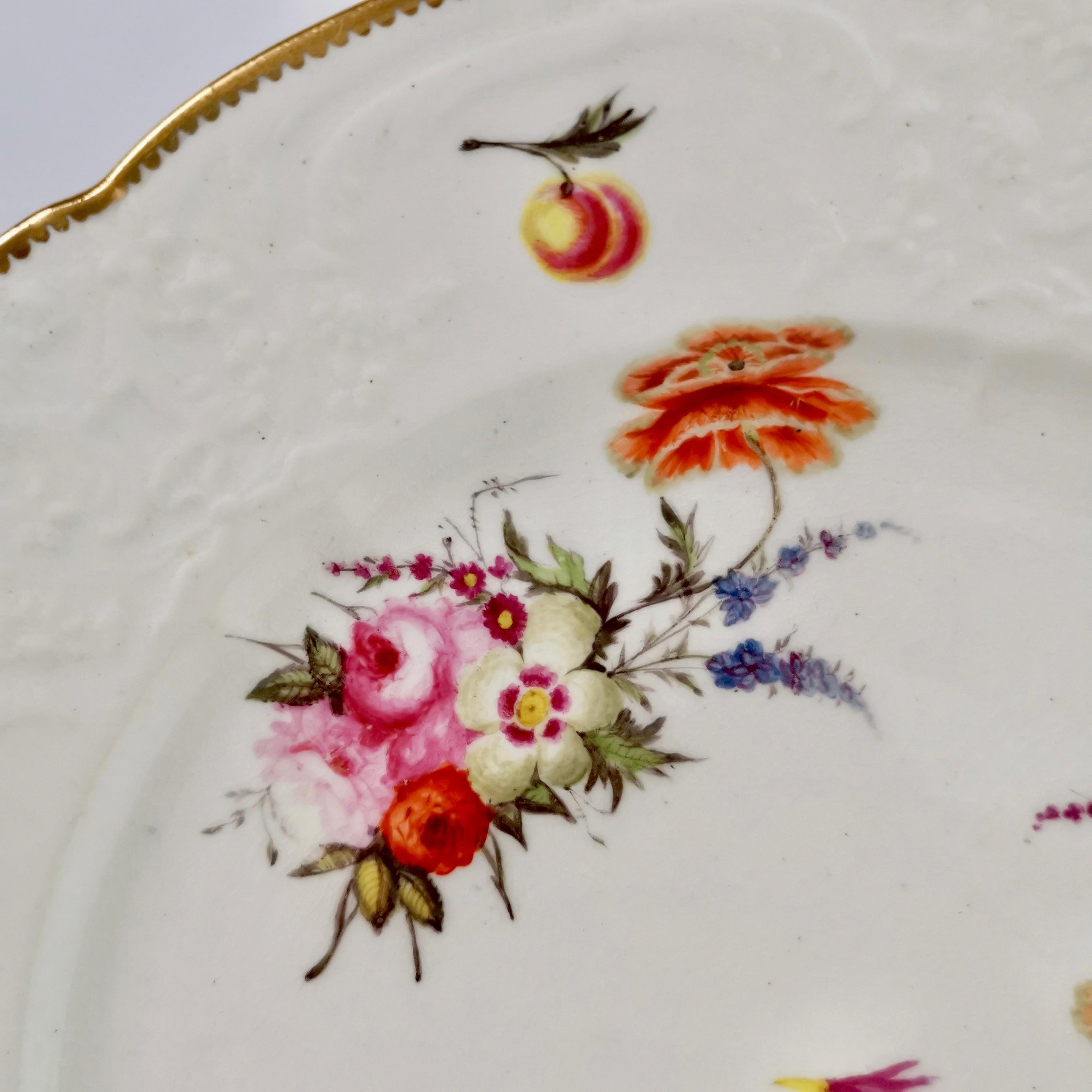 Hand-Painted Coalport Blind Moulded Porcelain Plate, White, Flowers and Butterflies, ca 1815