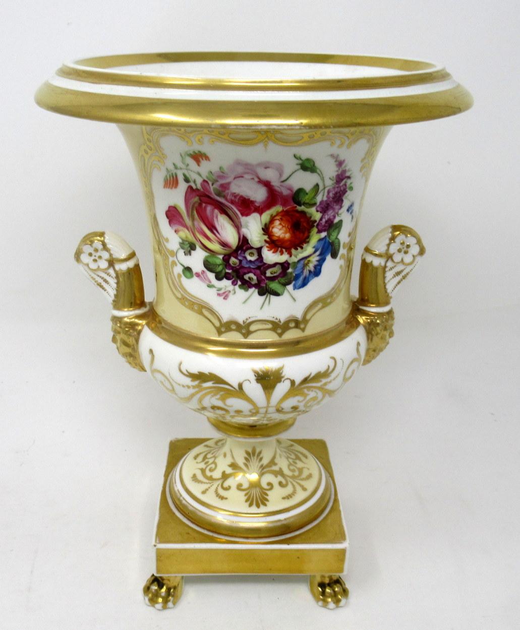 Stunning hand painted heavy gauge and generous size English porcelain Coalport Urn of campana form with hand painted central reserves depicting Old Summer Roses and various flowers, back view with similar decoration on a pale yellow ground, with