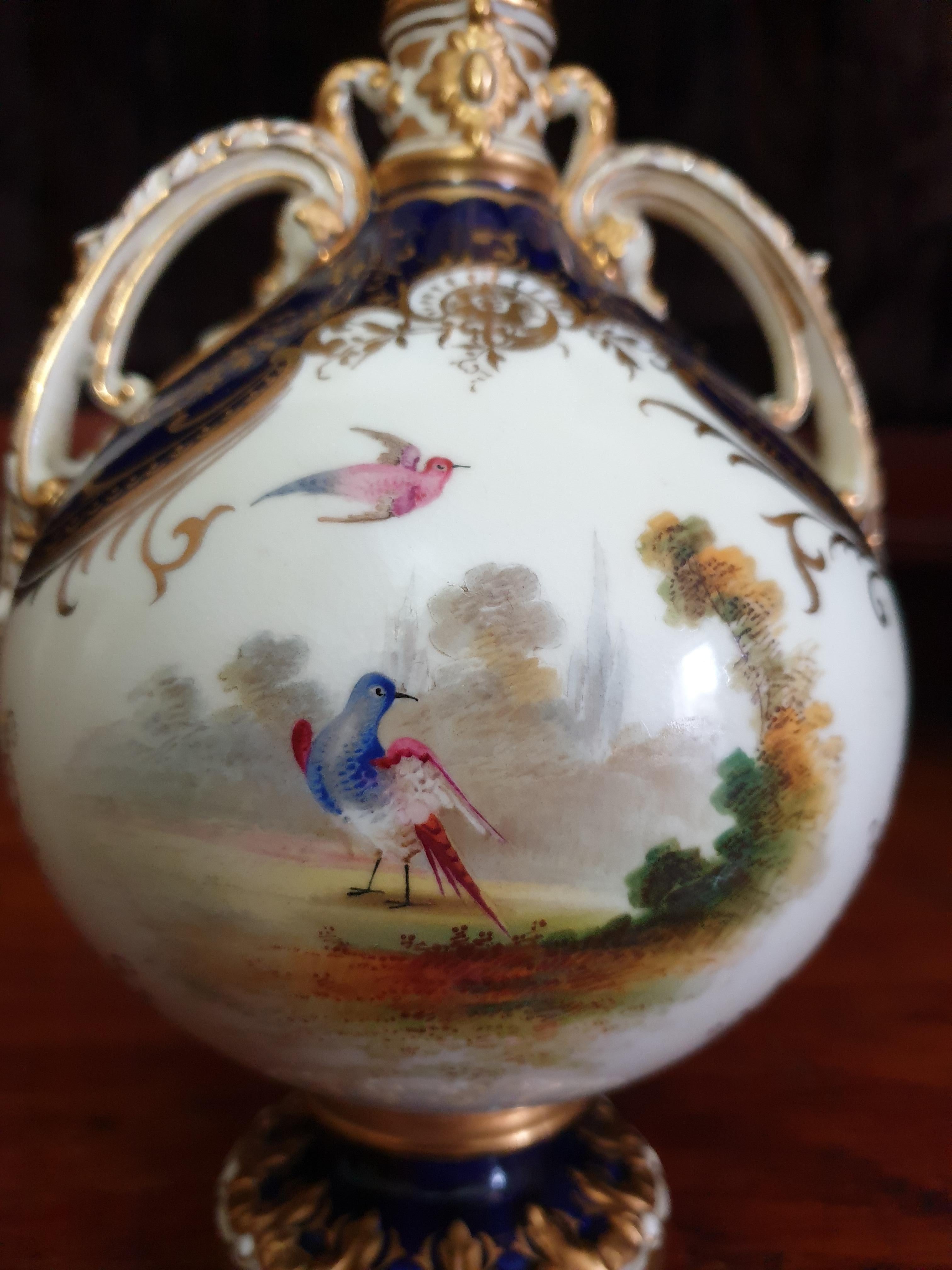 A delightful Coalport hand painted bird vase in oval form with a slender neck. The front panel is decorated with scenes of nature and birds on an off white and cobalt blue ground. Acanthus moulded twin handles with gilt on either sides stems from
