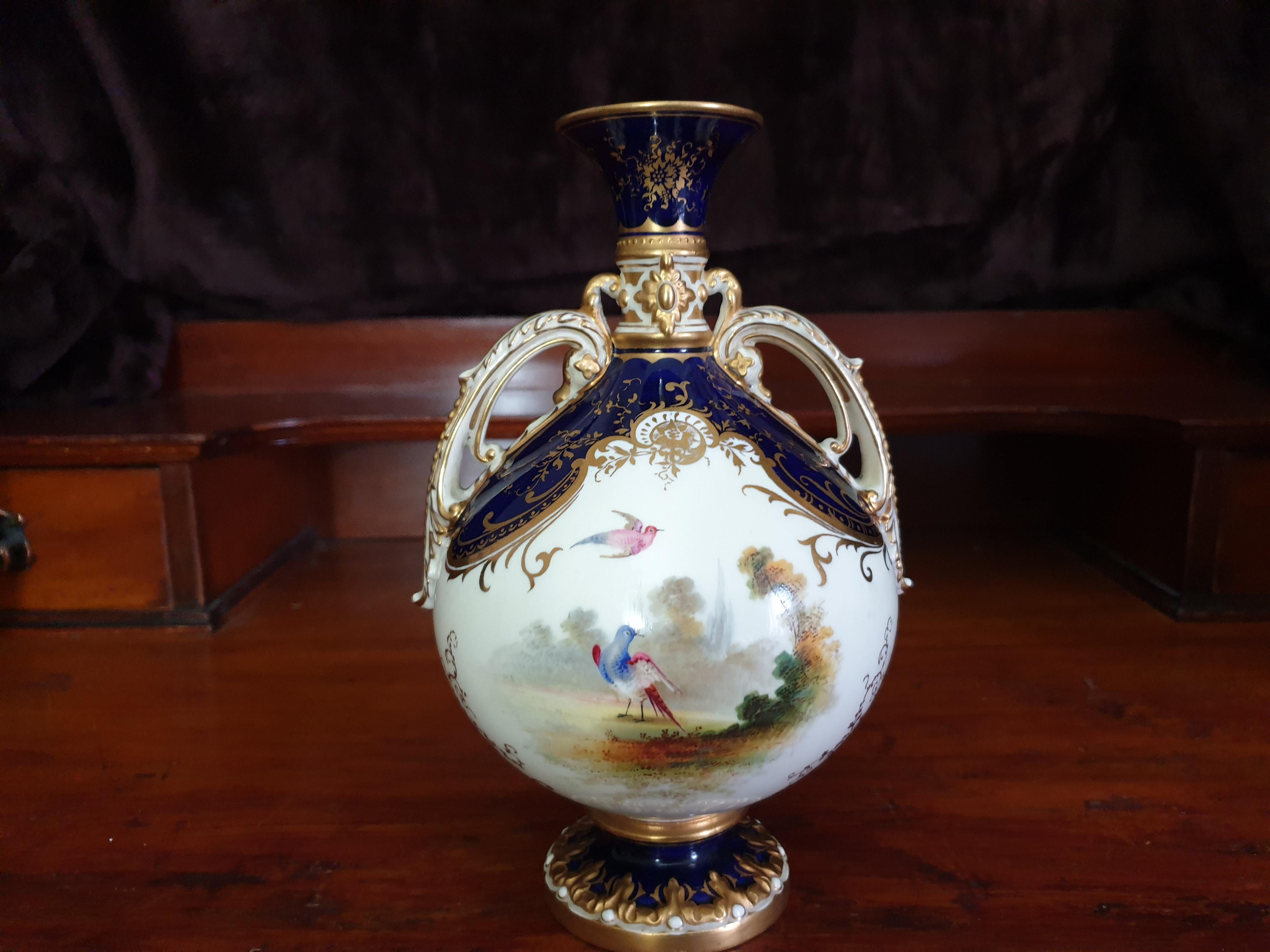 British Coalport 19th Century Hand Painted Bird Vase with Raised Gilding For Sale