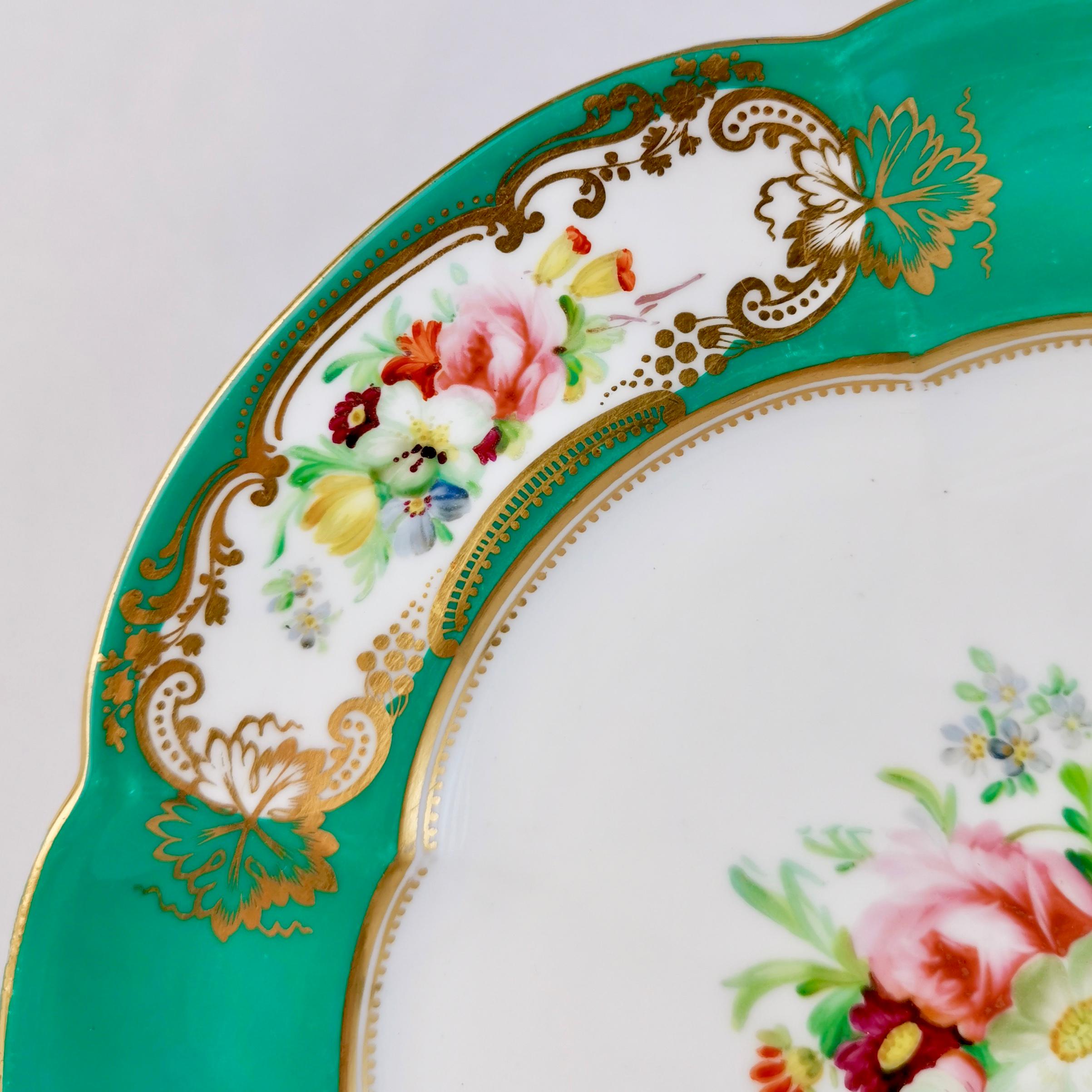 Victorian Coalport Dessert Plate, 6-Lobed Teal with Hand Painted Flowers, circa 1860