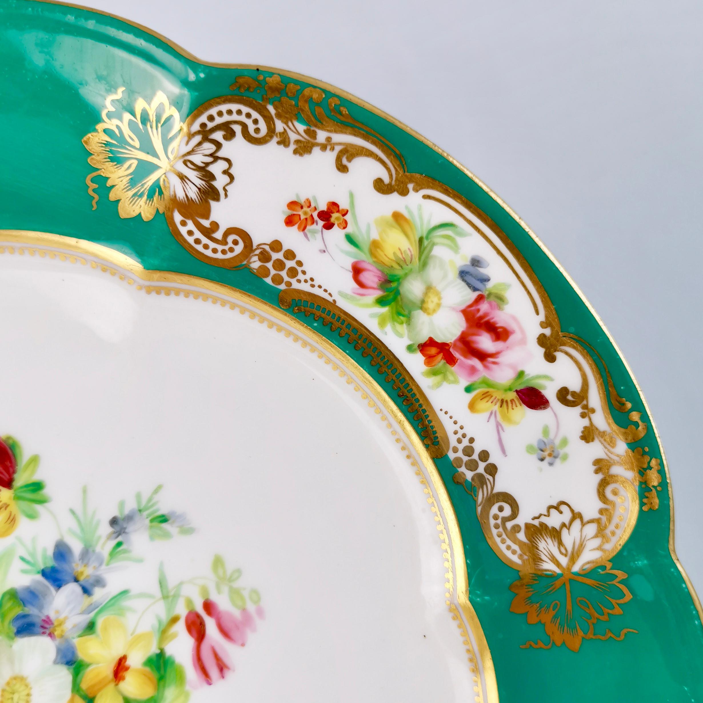 English Coalport Dessert Plate, 6-Lobed Teal with Hand Painted Flowers, circa 1860