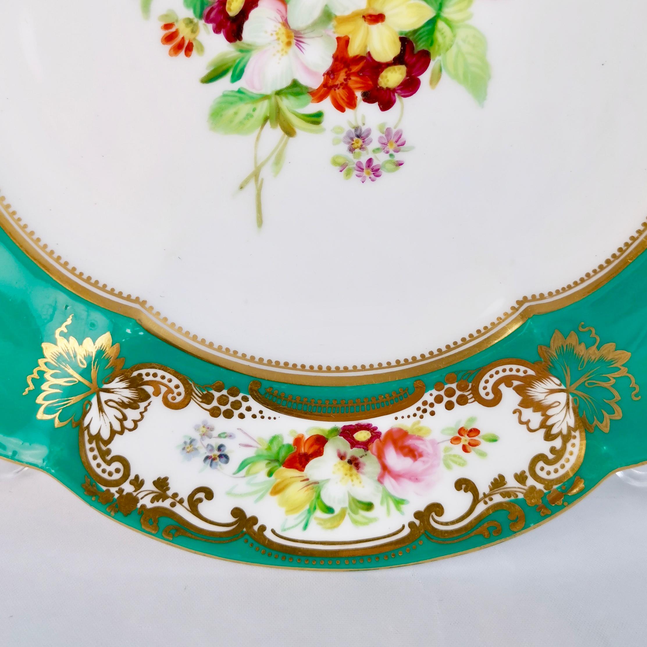 Hand-Painted Coalport Dessert Plate, 6-Lobed Teal with Hand Painted Flowers, circa 1860
