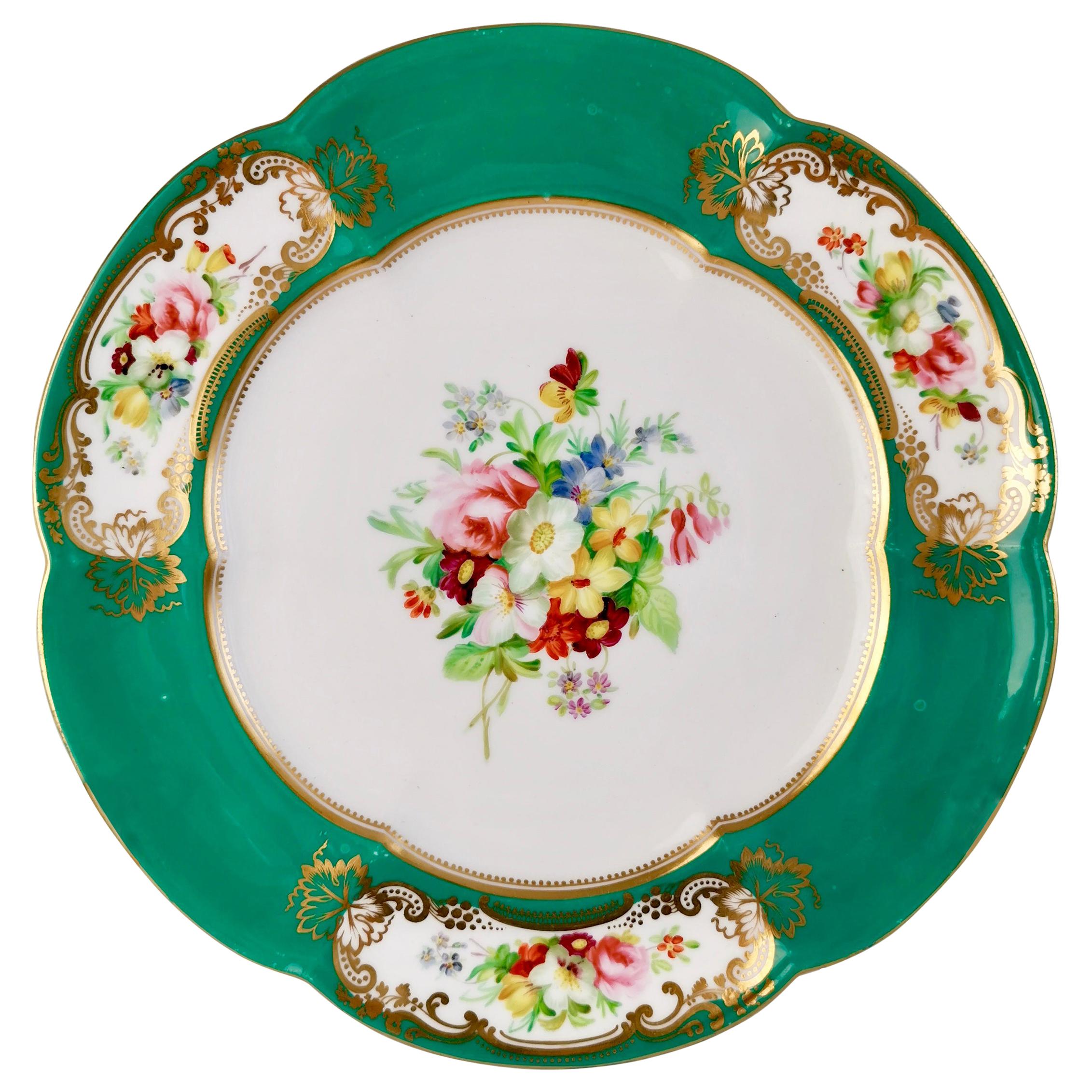 Coalport Dessert Plate, 6-Lobed Teal with Hand Painted Flowers, circa 1860