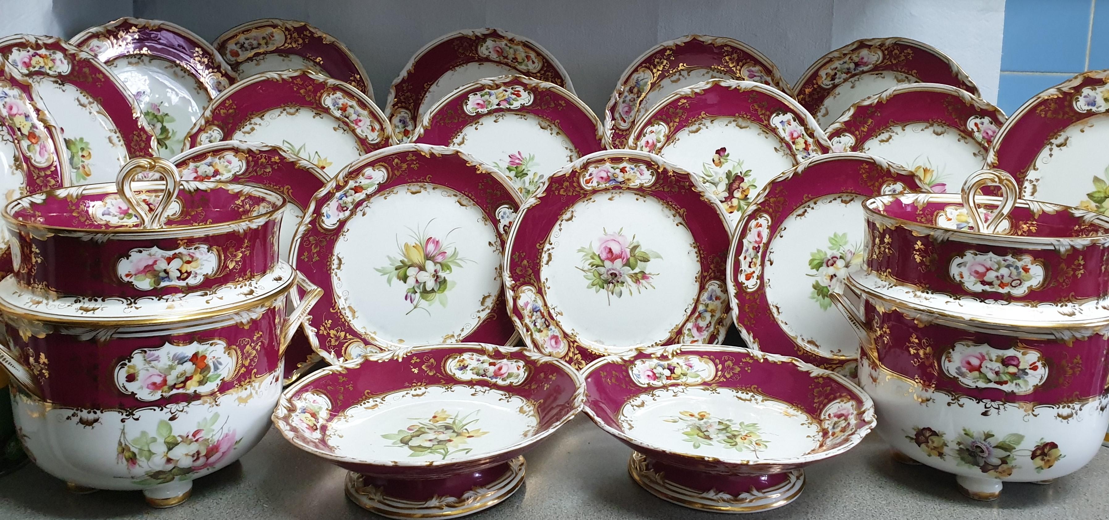 Porcelain English Royal Red Floral Coalport Dessert Service, circa 1840 With Ice Pails  For Sale