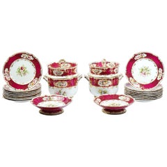 English Royal Red Floral Coalport Dessert Service, circa 1840 With Ice Pails 