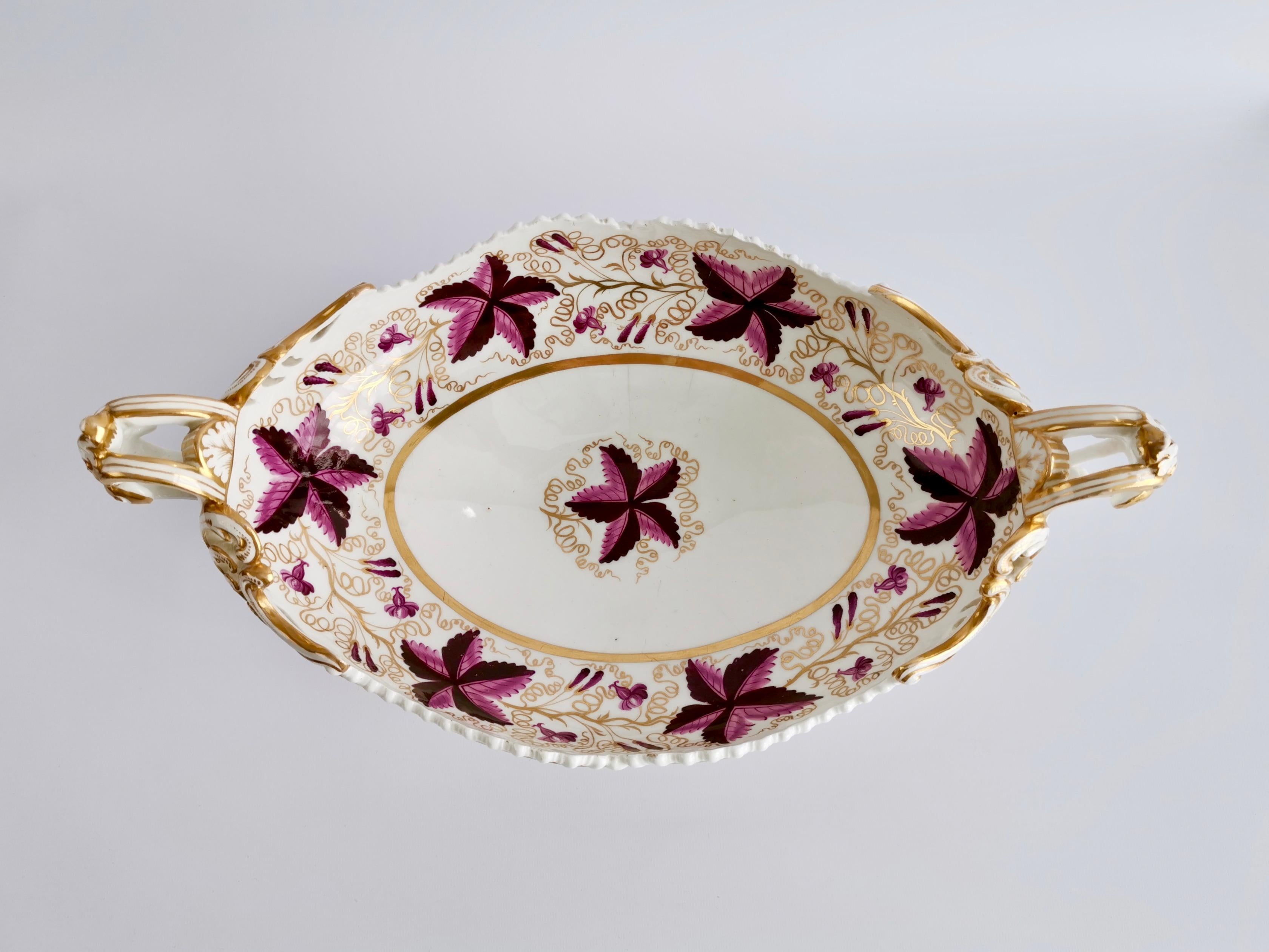 English Coalport Porcelain Dessert Service, Purple Vines, Rams Heads, Regency, ca 1820