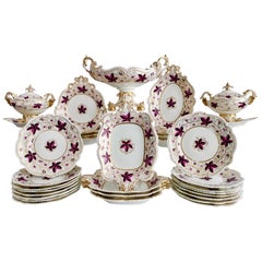 Antique Coalport Porcelain Dessert Service, Purple Vines, Rams Heads, Regency, ca 1820