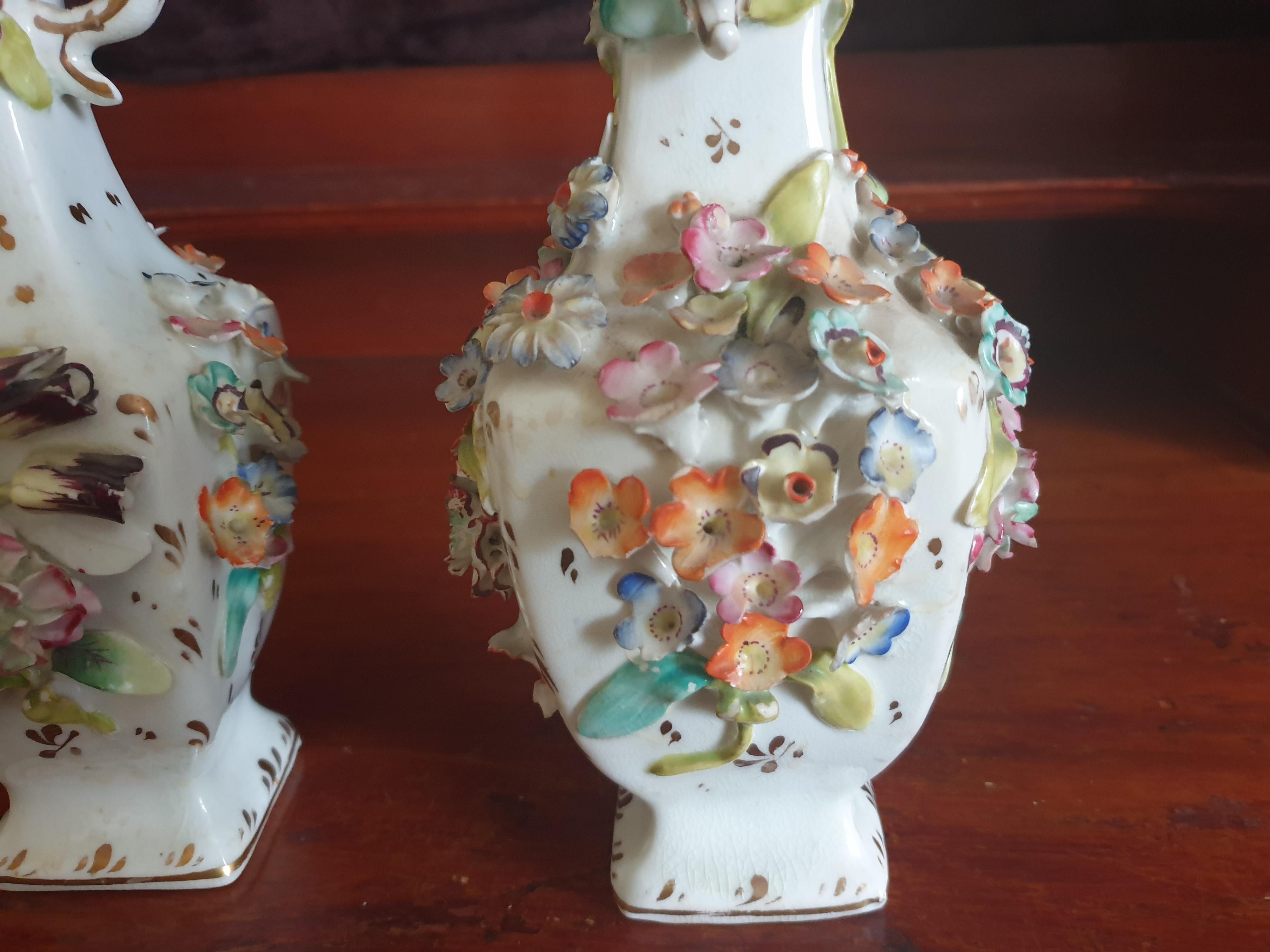 Coalport Encrusted Flower 19th Century Vases Twin Handled For Sale 8