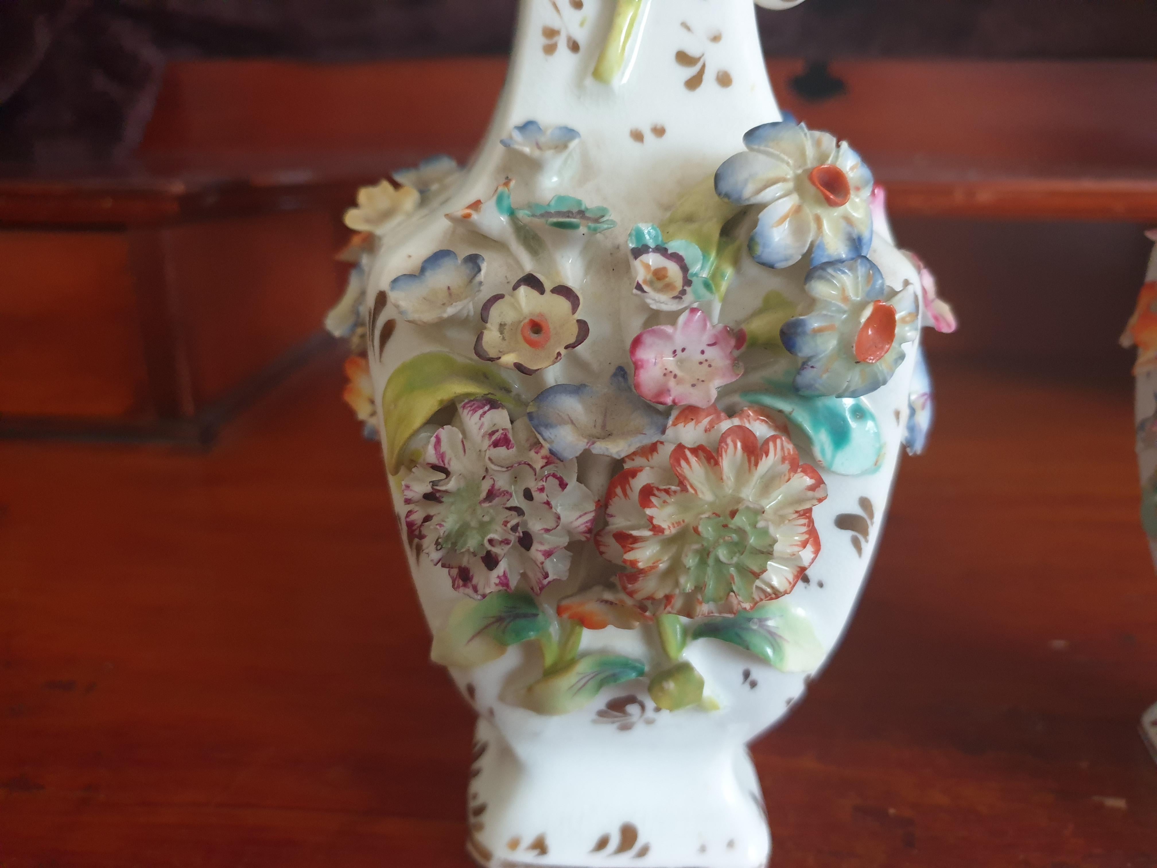 Porcelain Coalport Encrusted Flower 19th Century Vases Twin Handled For Sale