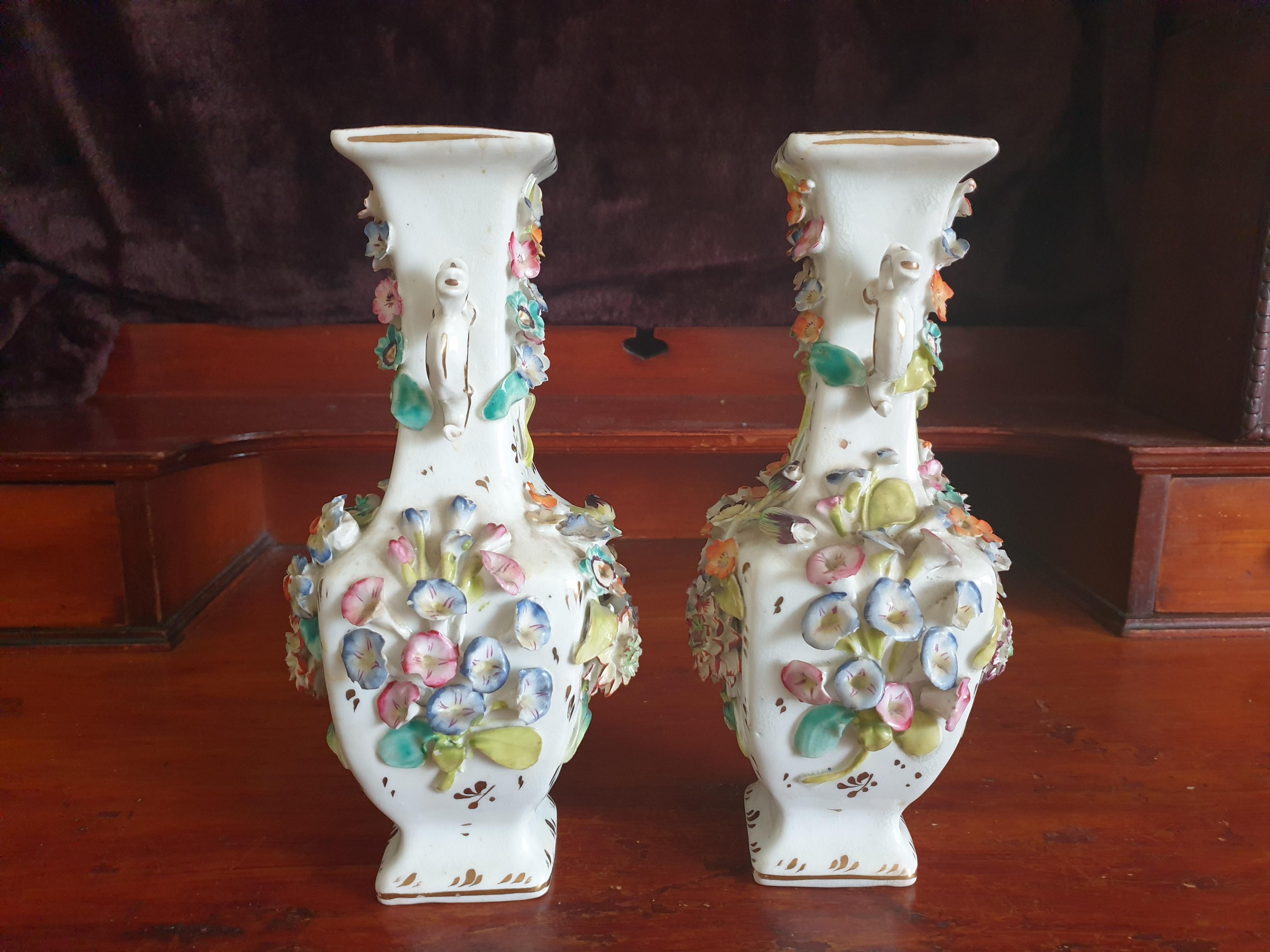 Coalport Encrusted Flower 19th Century Vases Twin Handled For Sale 4