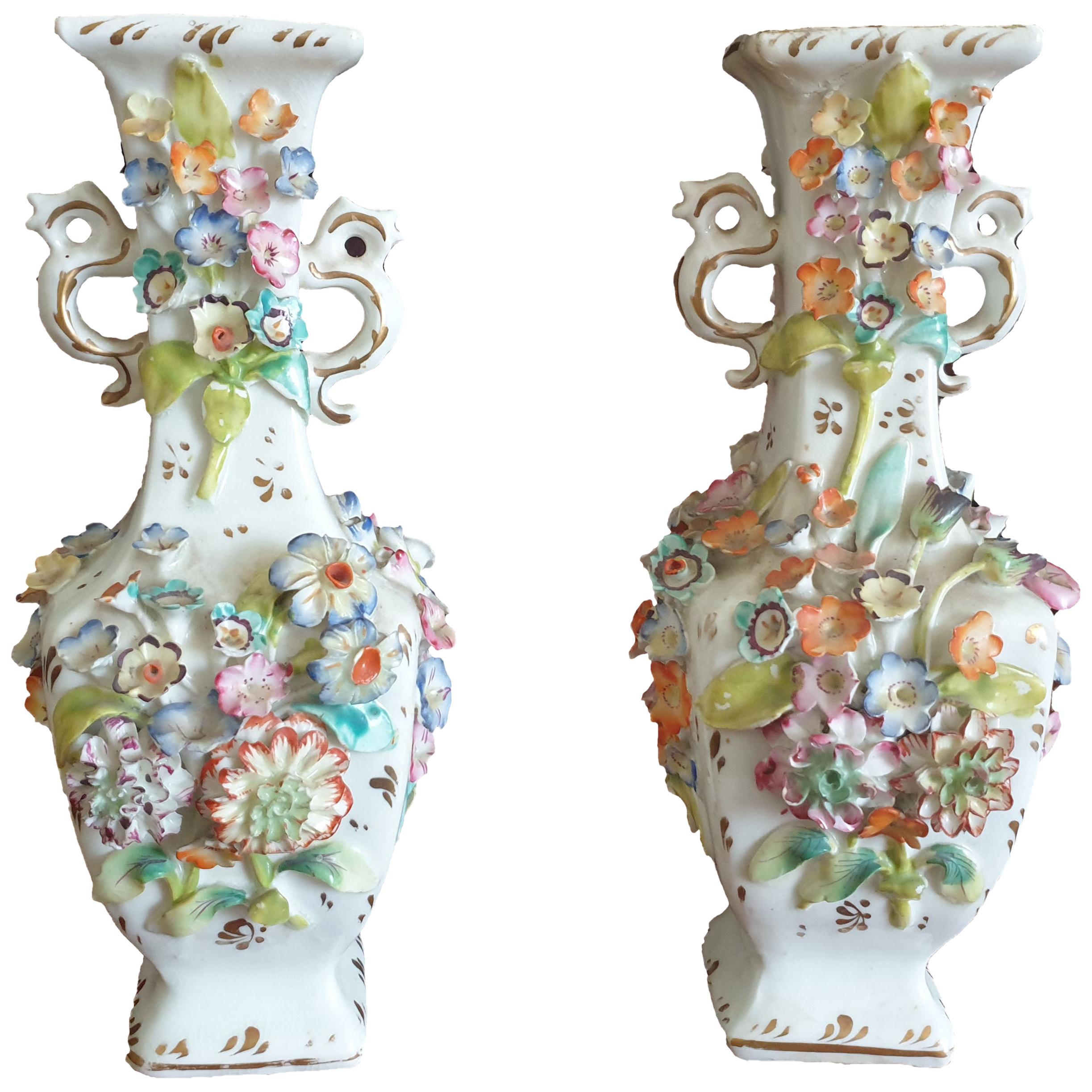 Coalport Encrusted Flower 19th Century Vases Twin Handled For Sale