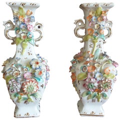 Antique Coalport Encrusted Flower 19th Century Vases Twin Handled