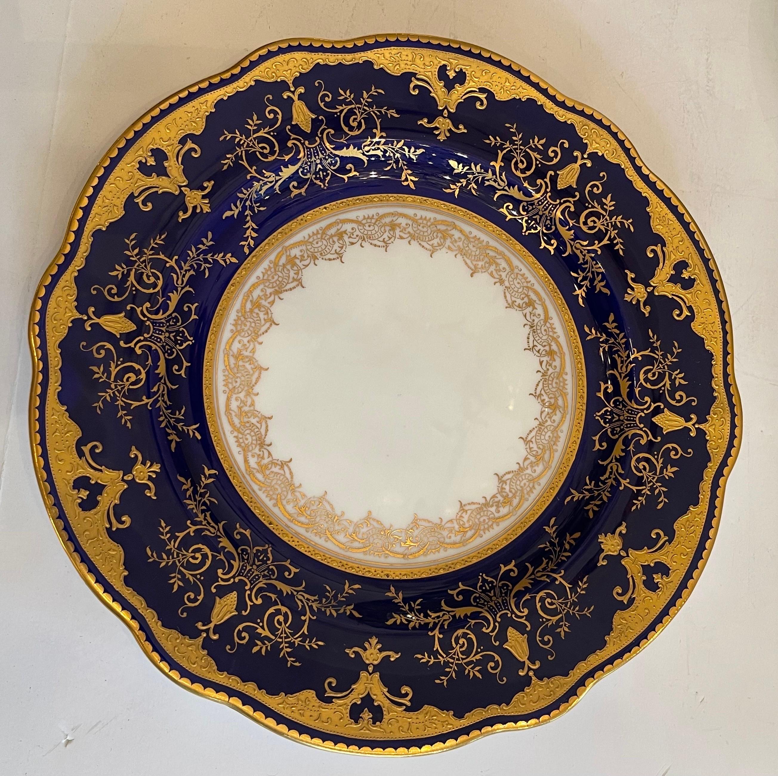 A Wonderful Coalport English Cobalt Blue & Raised Encrusted Gold Gilt Set Of 12 Dinner / Service Plates In Very Good Unused Condition.1650 