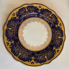 Coalport English Cobalt Blue Gold Raised Encrusted Dinner Service Set 12 Plates
