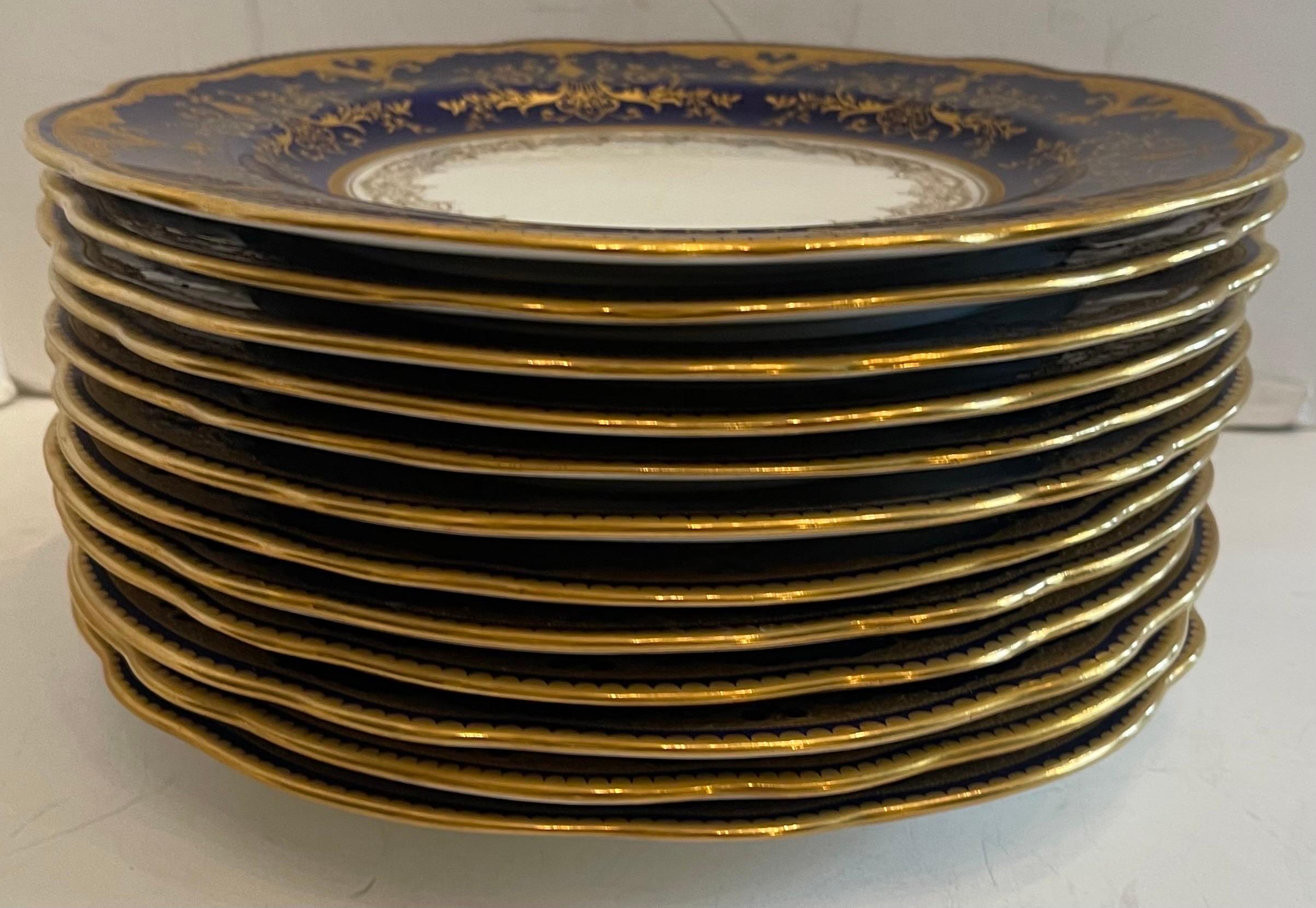 Regency Coalport English Cobalt Blue Gold Raised Encrusted Dinner Service Set 12 Plates