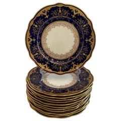 Coalport English Cobalt Blue Gold Raised Encrusted Dinner Service Set 12 Plates