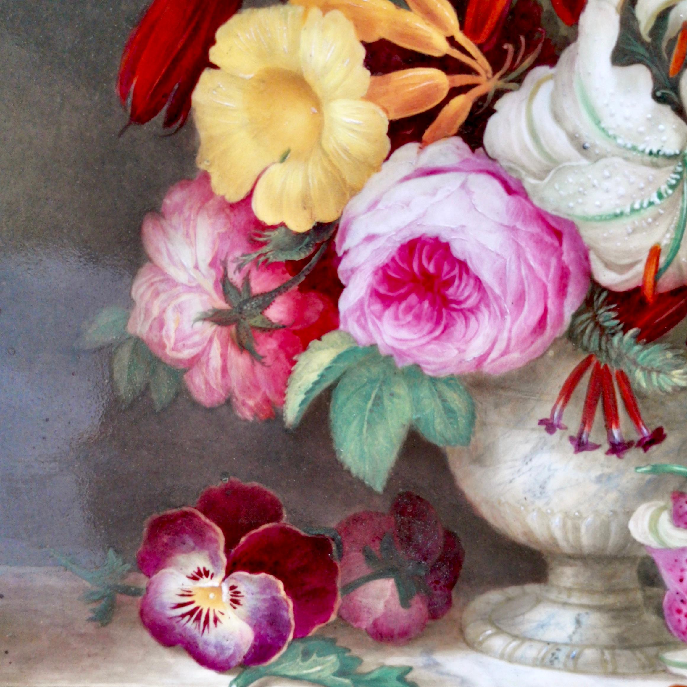 Hand-Painted Coalport Framed Porcelain Plaque of Flower Bouquet, Victorian, circa 1840