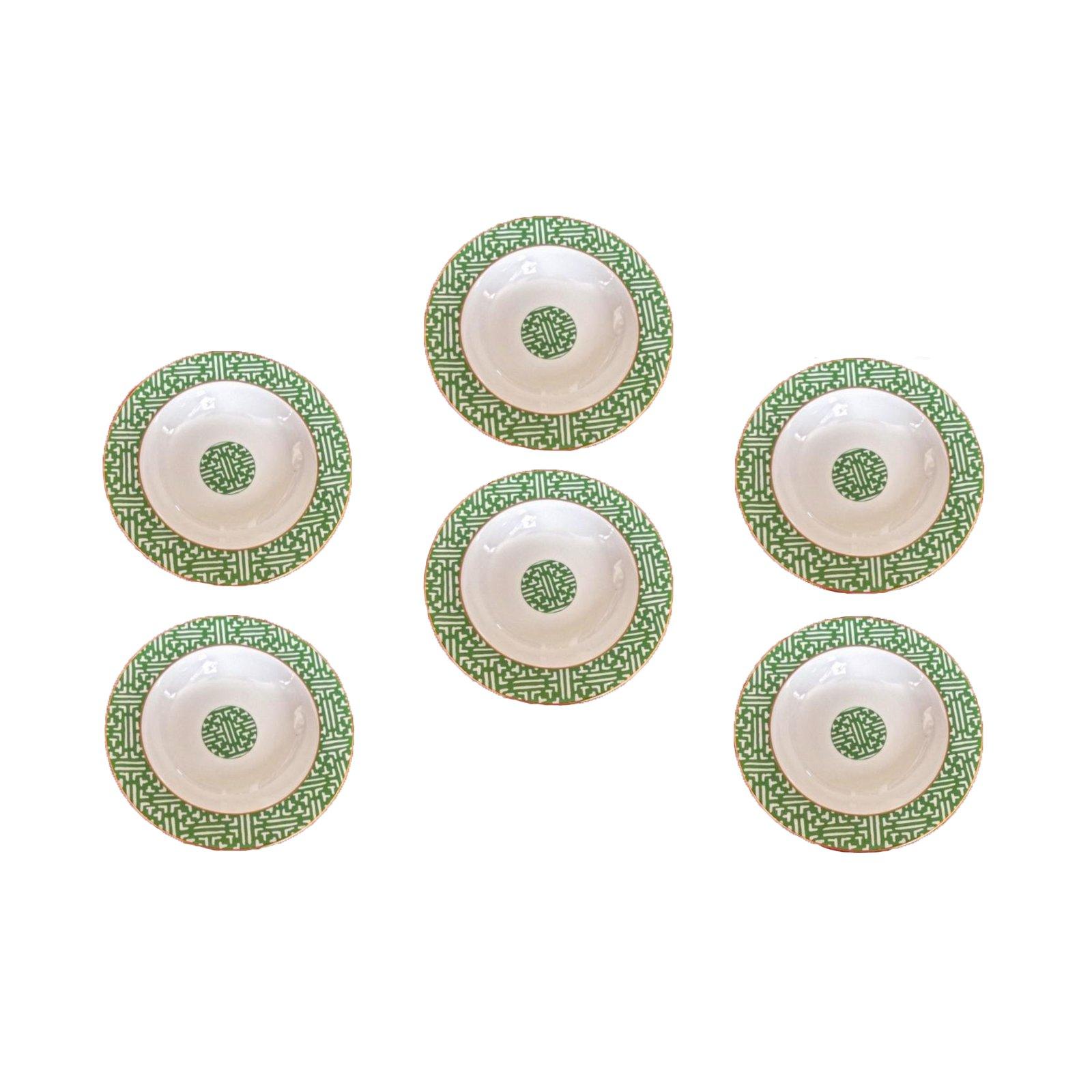 English Coalport Fretwork Shanghai Green Soup Bowls, Set of 6 For Sale