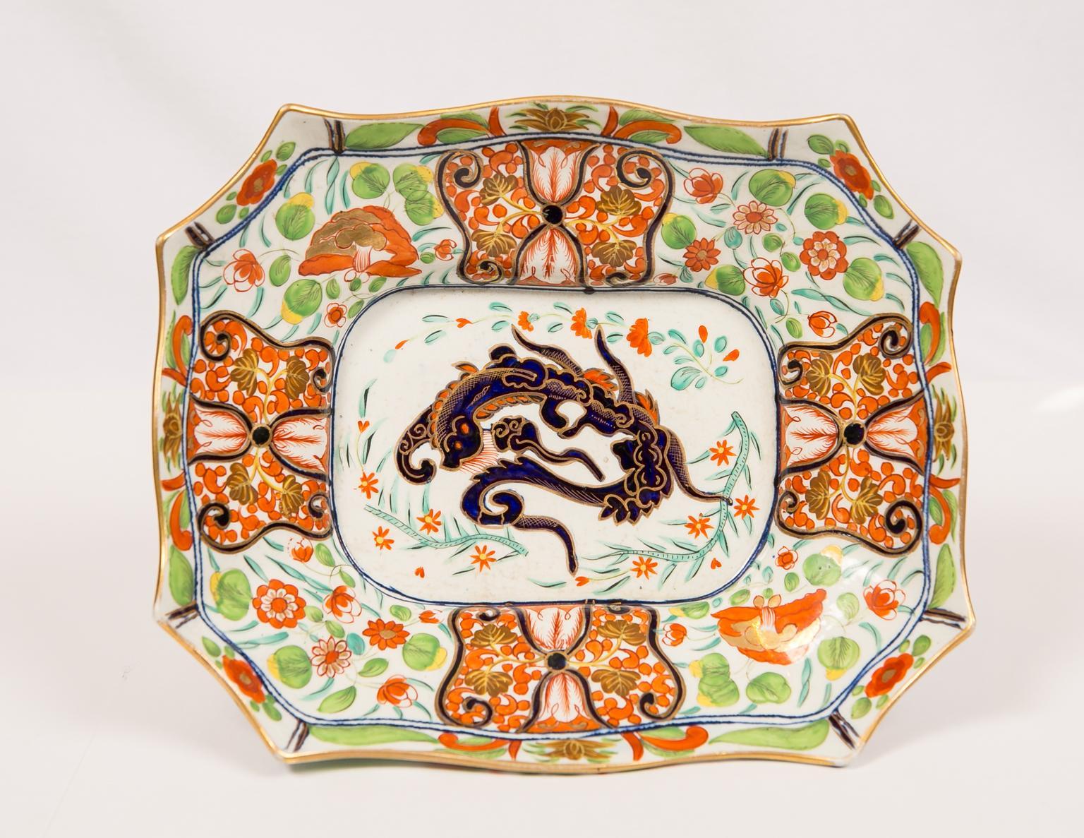     We are pleased to offer this Coalport footed fruit bowl featuring Imari decoration. The bowl shows a large dragon in the well (see image #3). Made in England circa 1820 this piece has lively coloring which contrasts and showcases the dark cobalt