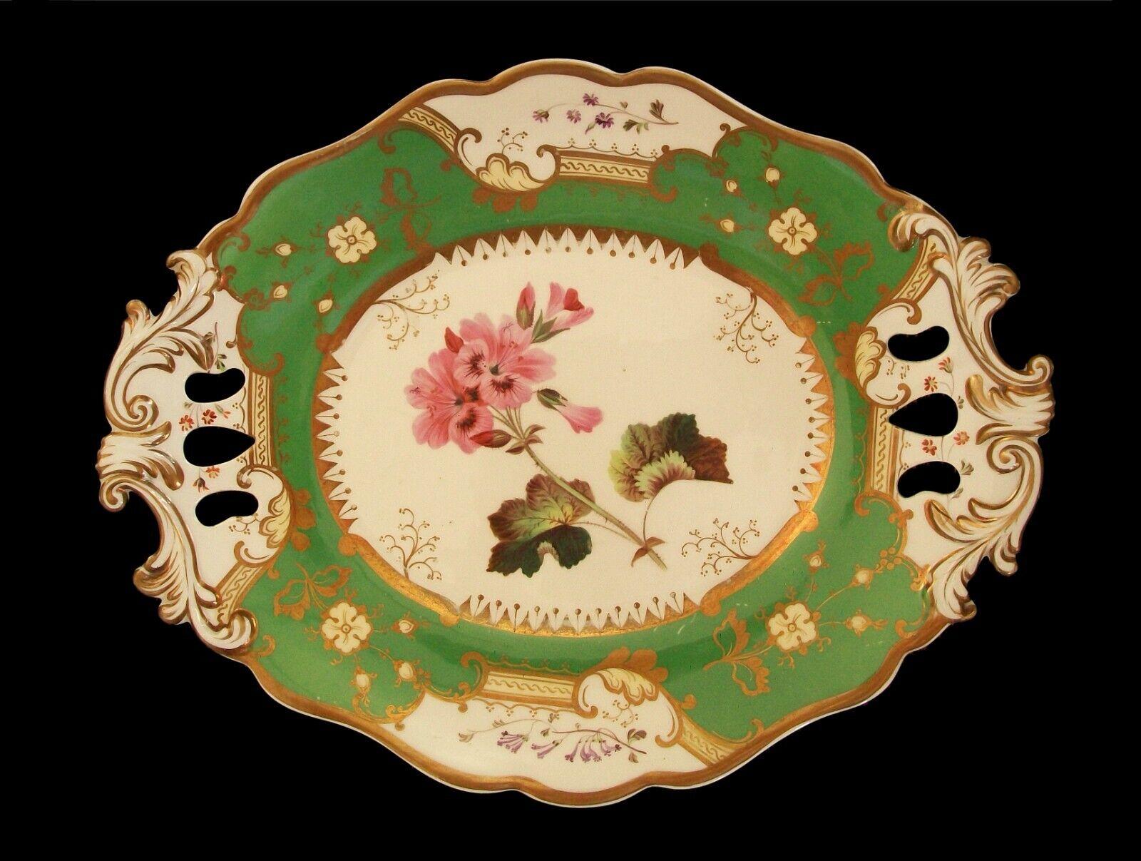 COALPORT (Attributed) - 'Geranium' - Antique ceramic twin handled botanical serving platter with apple green borders and gilded decoration - featuring a hand painted floral specimen to the center - pattern number to the back - unsigned - United
