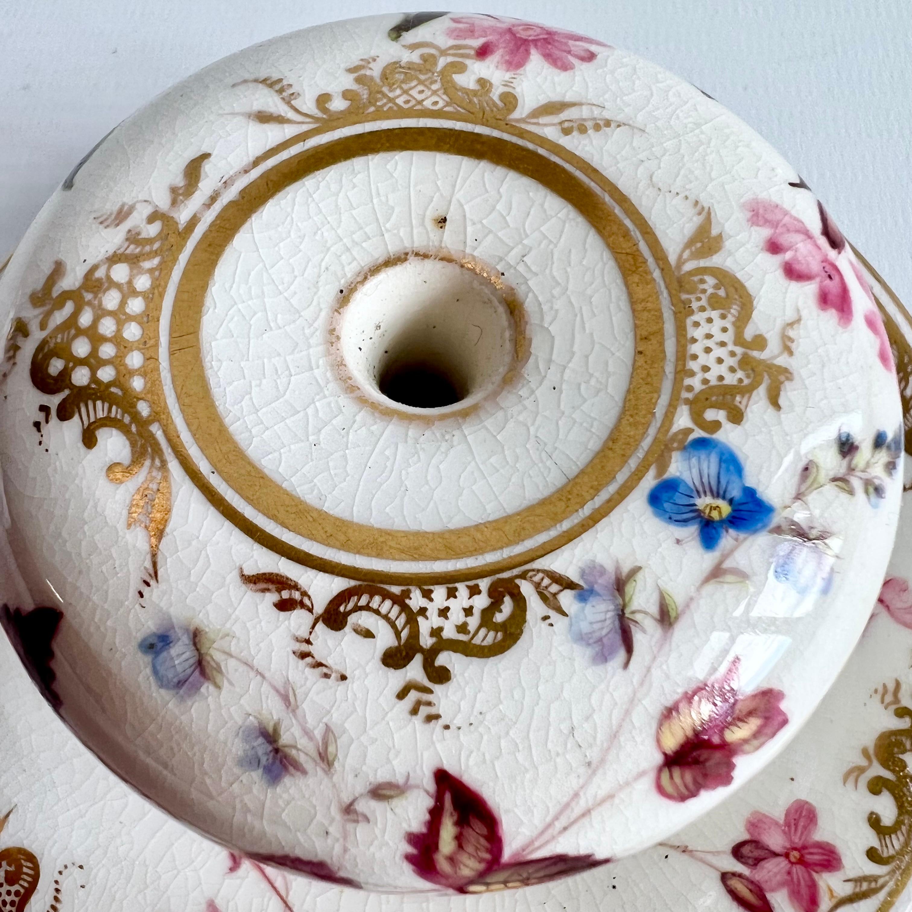 Coalport Inkwell, White with Flowers Style of William Pollard, Regency, ca 1820 3