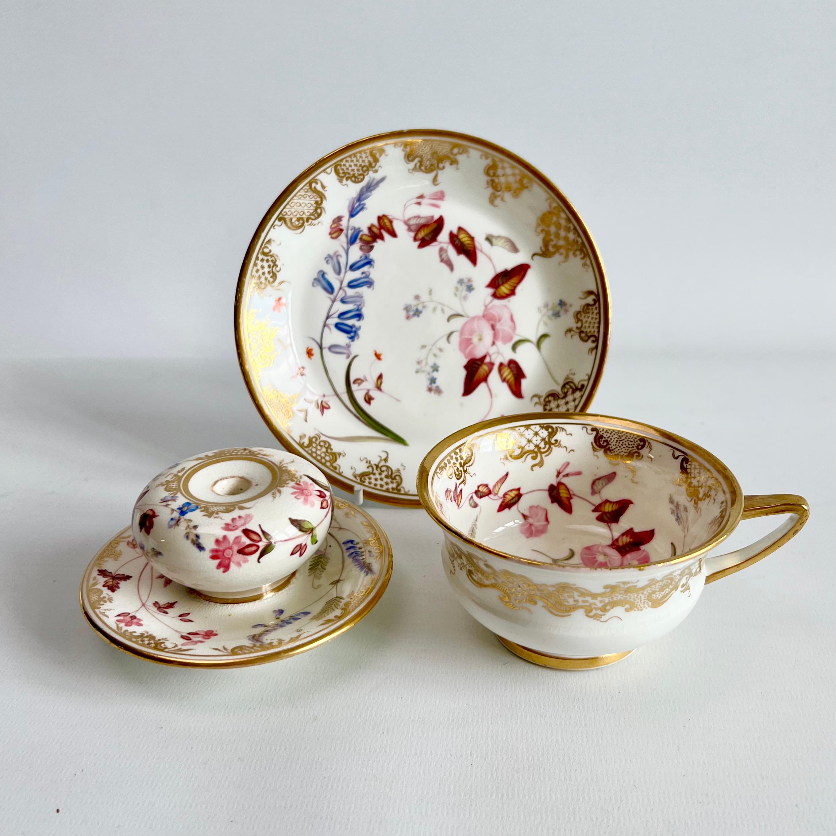 Hand-Painted Coalport Inkwell, White with Flowers Style of William Pollard, Regency, ca 1820