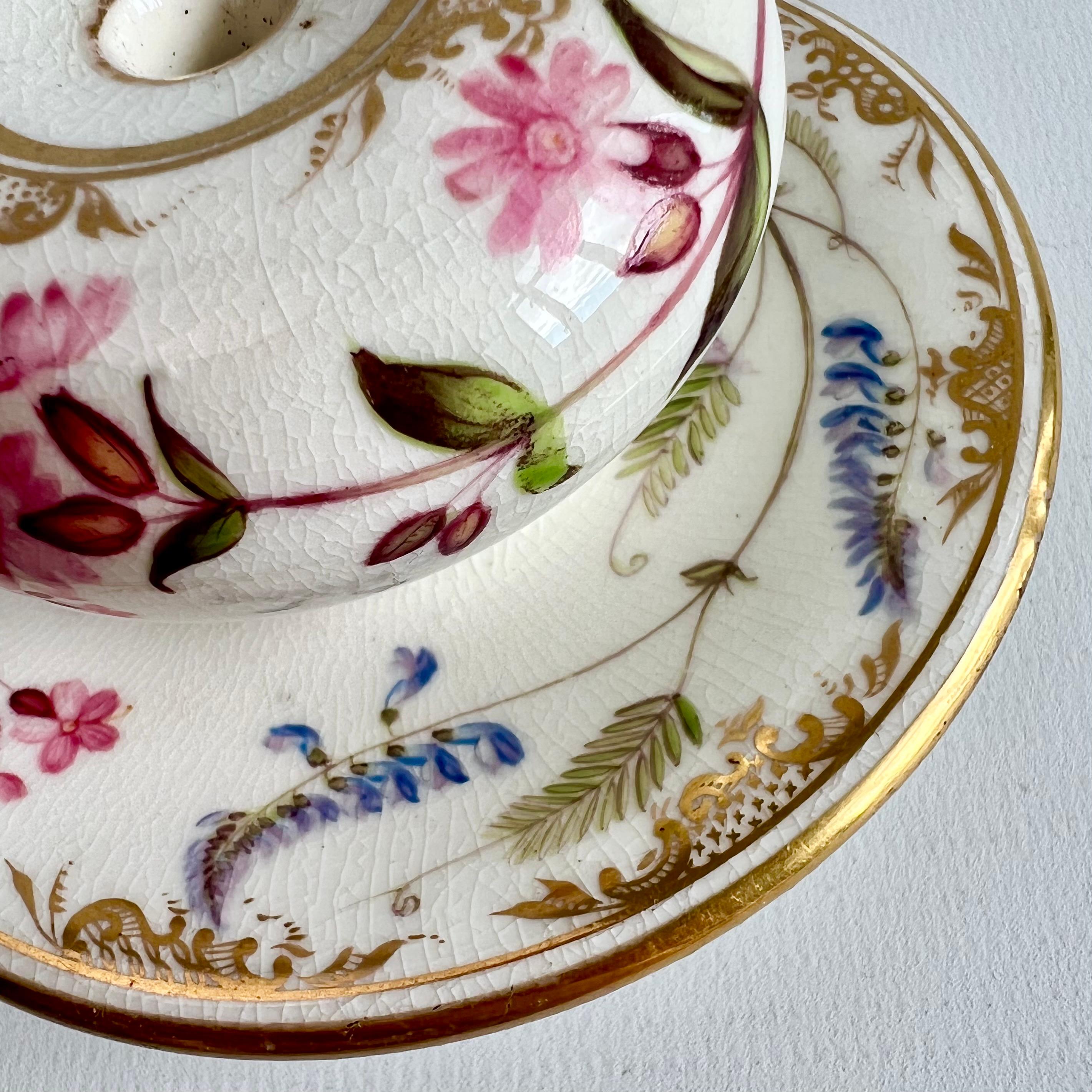 Coalport Inkwell, White with Flowers Style of William Pollard, Regency, ca 1820 1