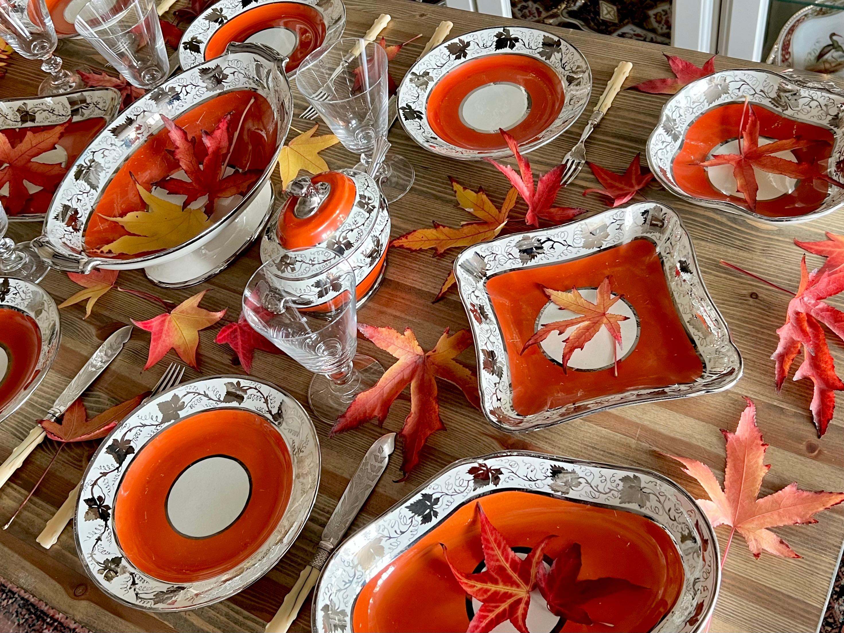 Servicio de postre de perlas John Rose de Coalport, naranja con vides plateadas, ca. 1800 Neoclásico en venta